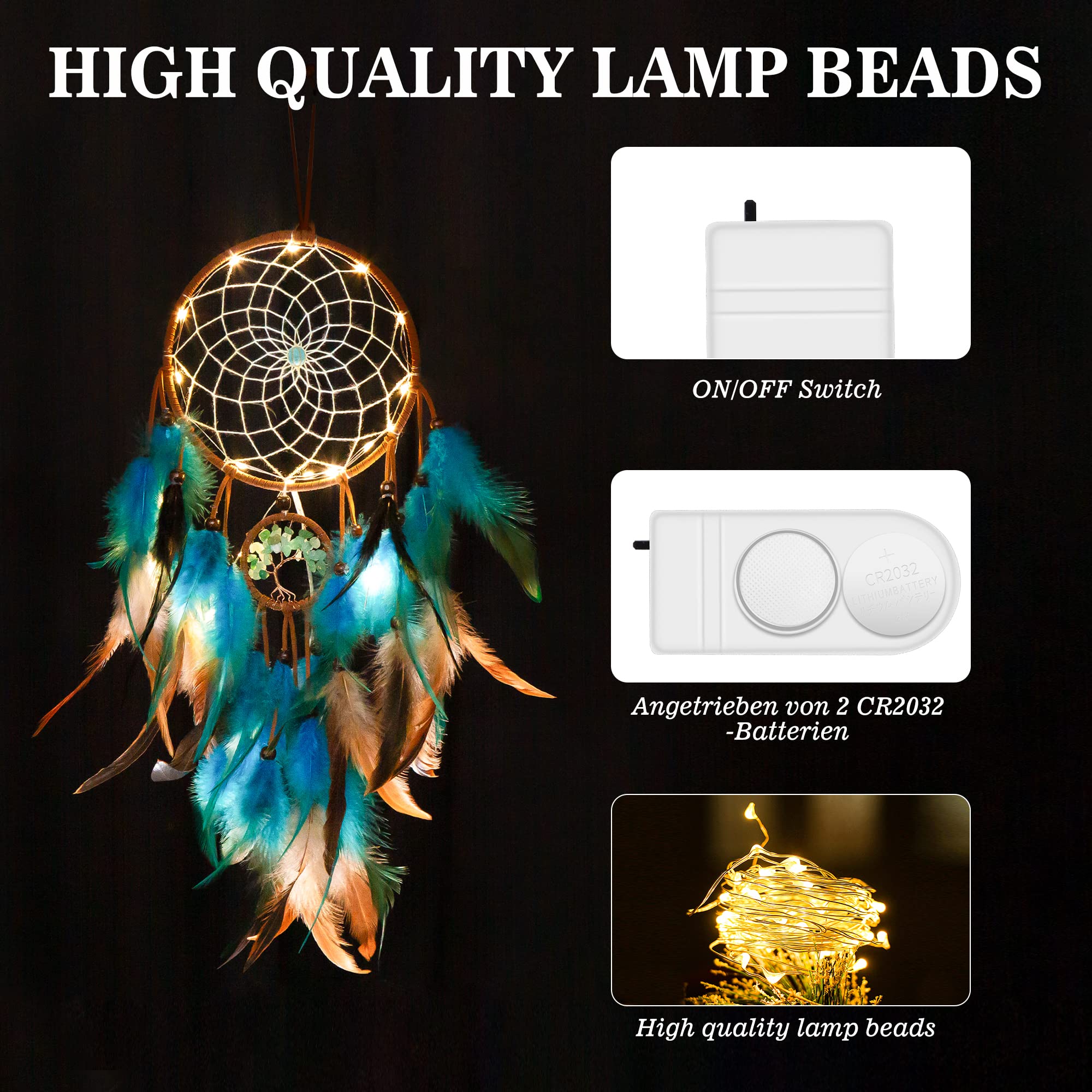 Acchiappasogni Bohemien,Vegena Fatto a Mano Dreamcatcher,L'acchiappasogni di Piume,L'acchiappasogni LED,Dream Catcher per Ornamento Casa a Parete Appeso Regalo Artigianale.