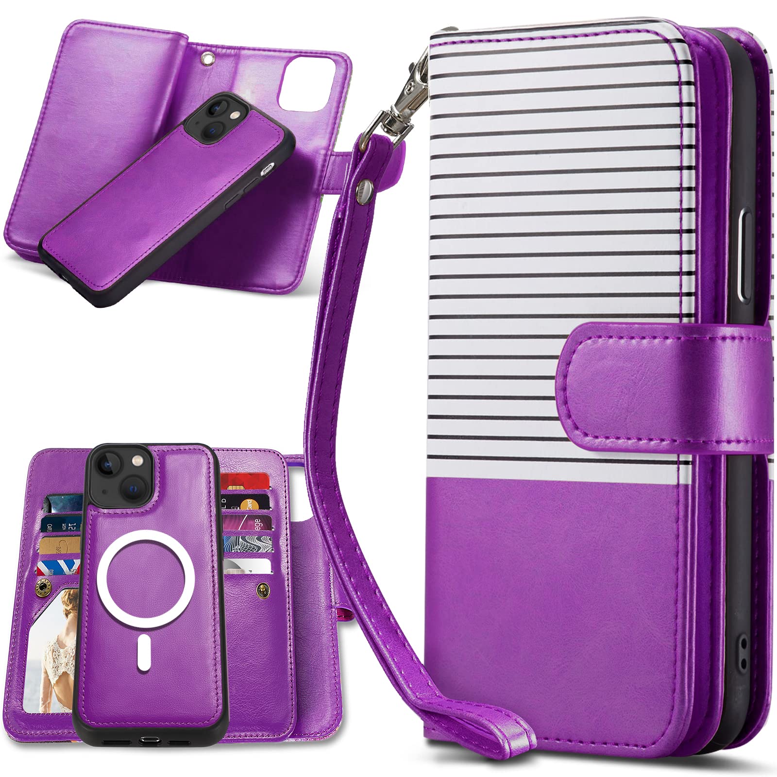 CASEOWL Compatible with iPhone 14 Wallet Case, Support Magsafe Charger, 2 in 1 Magnetic Detachable Folio Leather iPhone 14 Case Wallet with 9 Card Slots[RFID Blocking], Strap for Women (Purple)