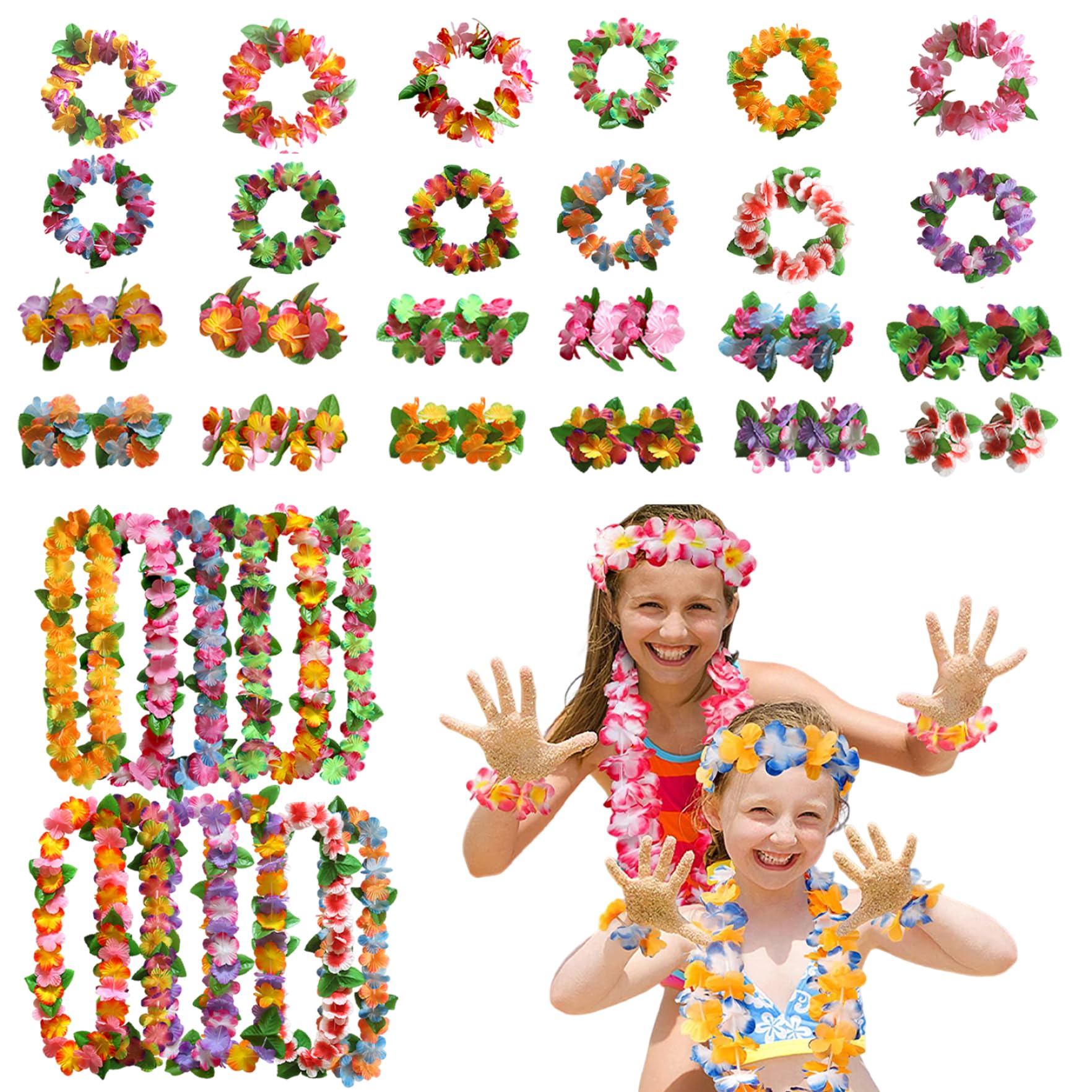 Collier de fleurs hawaïen et bracelets en tissu avec 12 styles colorés uniques