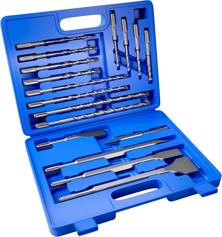 17Pcs Rotary Hammer Drill Bits and Chisel Set | SDS-Plus Carbide-Tipped Drill Bits and Chisels with Storage Case for Concrete Brick Stone and Other Masonry Construction