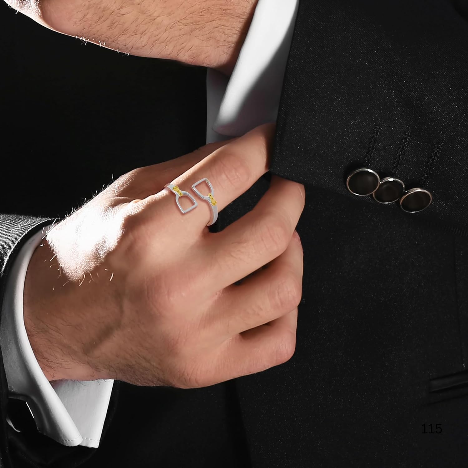 2-Toned Double Stirrup Open Ring in 925 Sterling Silver Filled or Brass & 18K Gold Plating. Silver Stirrup band with Gold Belt Buckle. Unisex Adjustable Fit For Any Finger sizes 4-11. Western Horse Jewelry Gift