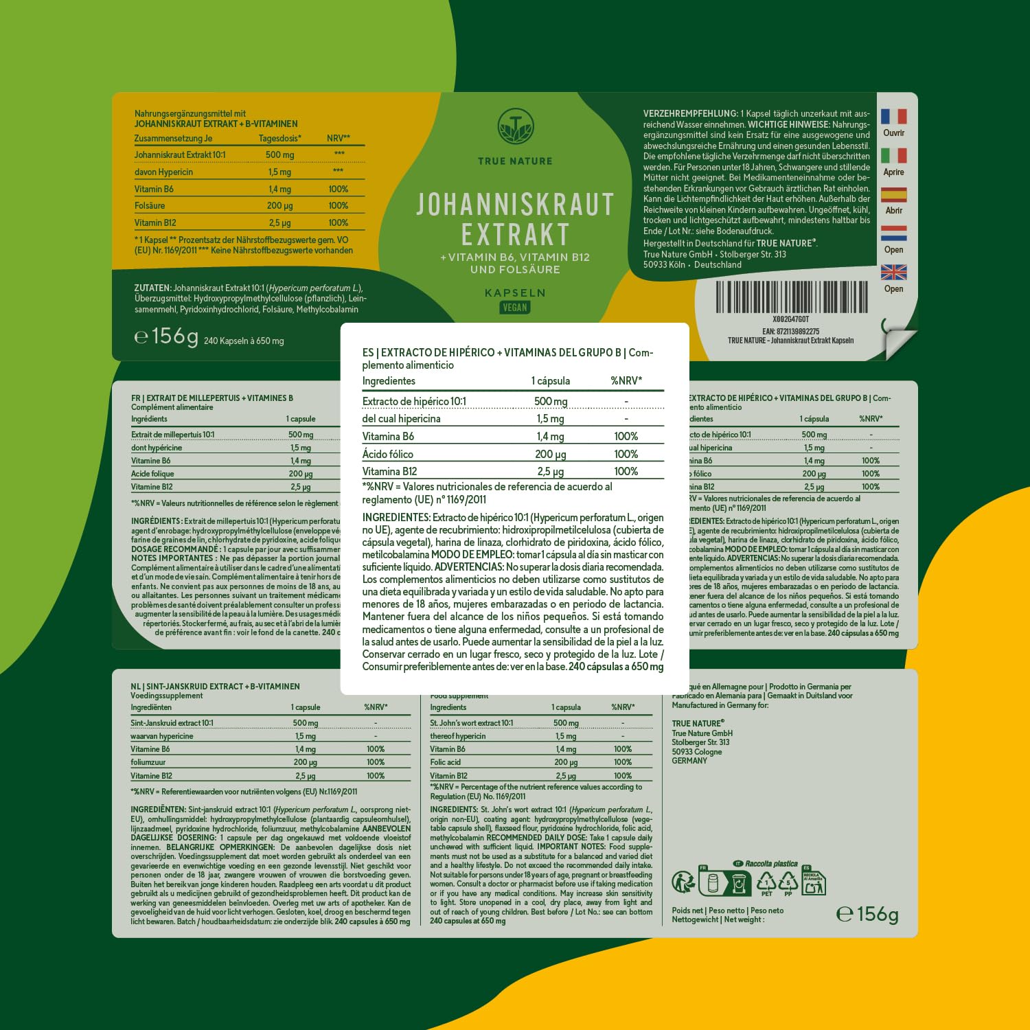 Hipérico Hierba de San Juan Extracto - 5000mg al día - 240 cápsulas - Alta Concentración - con hipericina natural - con vitaminas B6, B12 y ácido fólico - TRUE NATURE®