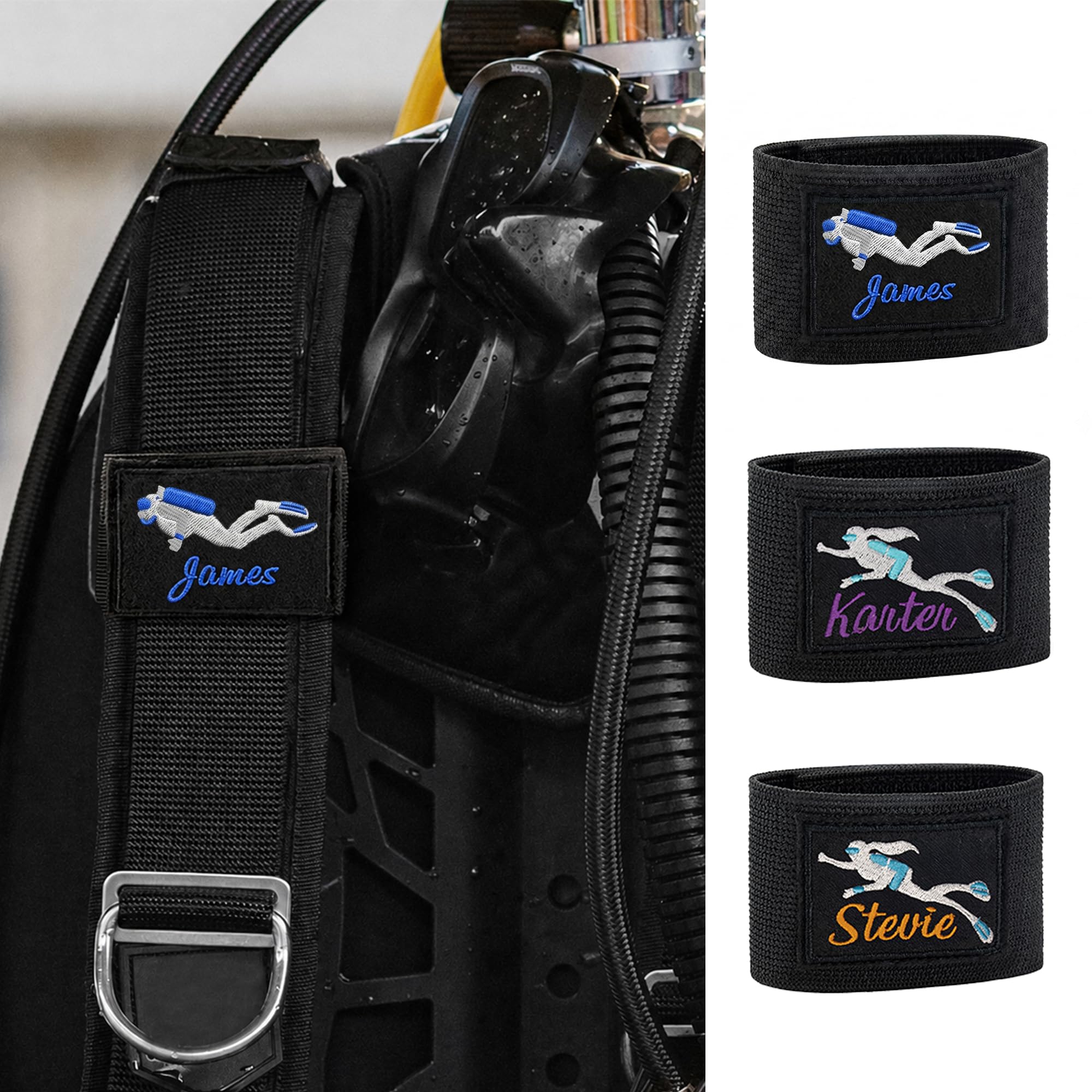 GSTFY Personalised Scuba BCD Name Tag Embroidered Scuba Identification Tag with Diver Pattern Ocean Activities Birthday Christmas Gift for Diving Instructors Diving Lovers
