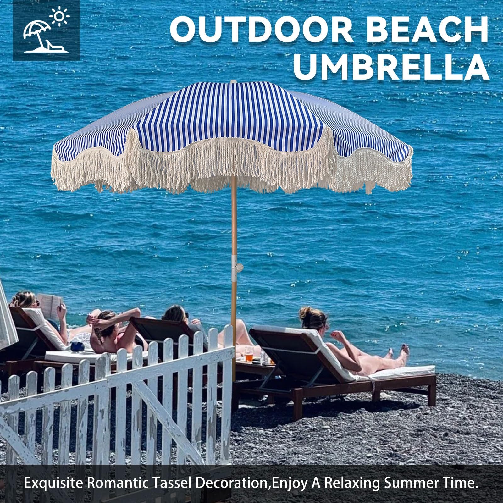 Ombrello da patio per esterni, stile bohémien, con nappa, a righe, blu, bianco, impermeabile, UPF50+, 8 costole, inclinabile, portatile, con borsa per il trasporto, per spiaggia, piscina, giardino