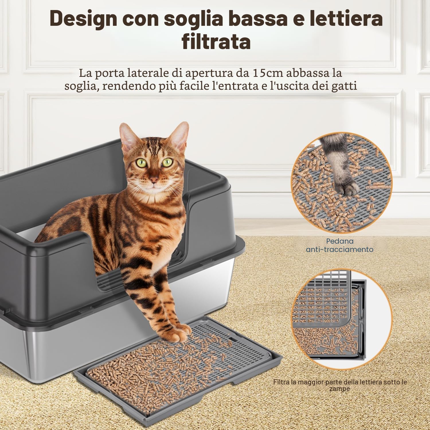 Lettiera per gatti in acciaio inox, 60 x 40 x 30 cm, in acciaio inox, con tappetino per lettiera e paletta, non si attacca ai residui, non attira odori