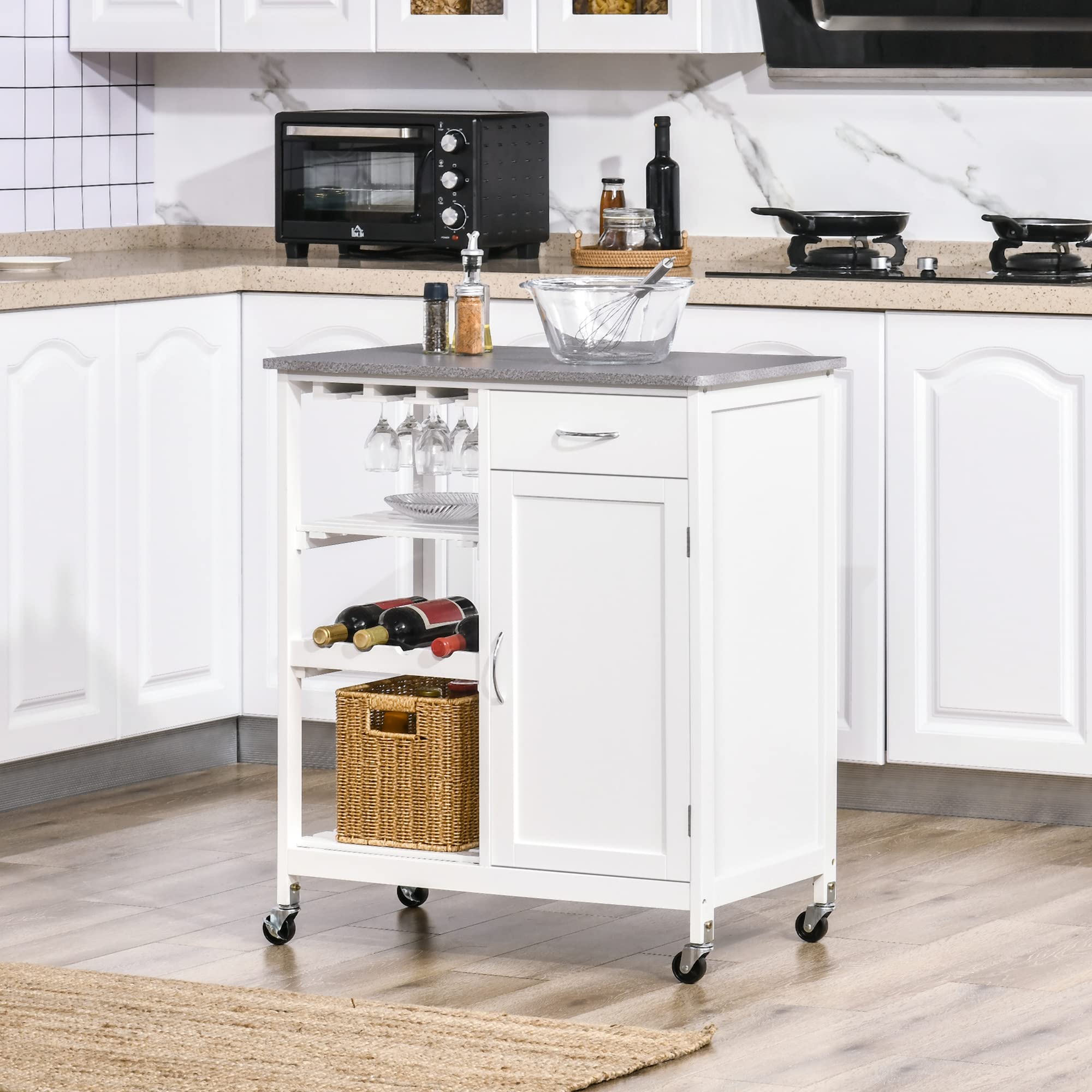 HOMCOM Carro de Cocina con Ruedas 1 Cajón Armario 40 kg 76x48x88 cm Blanco | Carrito de Servicio, Estantes Extraíbles, Botellero para 4 Botellas, para Comedor Salón