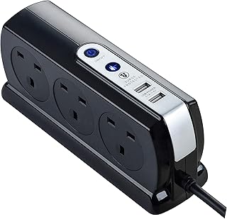 Masterplug SRGDSU62PB-MP Six Socket Switched Inline Power Surge Protected Extension Lead with Two USB Charging Ports, 2 Metres, Gloss Black, 6.2 cm*8.7 cm*20.6 cm