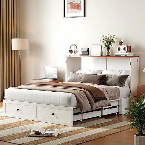 ijuicy Queen Size Murphy Bed with Mattress & Extra Large Drawers, Multifunctional Cabinet Beds with USB Charging Station, Murphy Bed Chest for Home, Mattress Included (White & Brown)