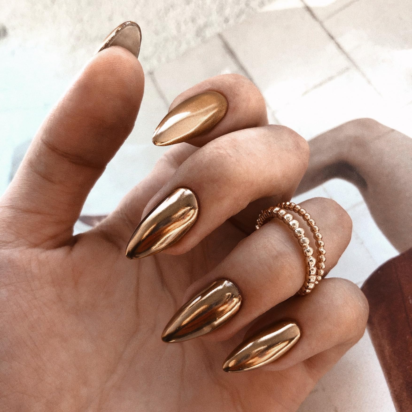 Chrome Bronze False Nails Almond, SXVME Metallic Brown Press On Nails Medium, Glitter Shine Fake Nails Medium Stiletto - Image 2