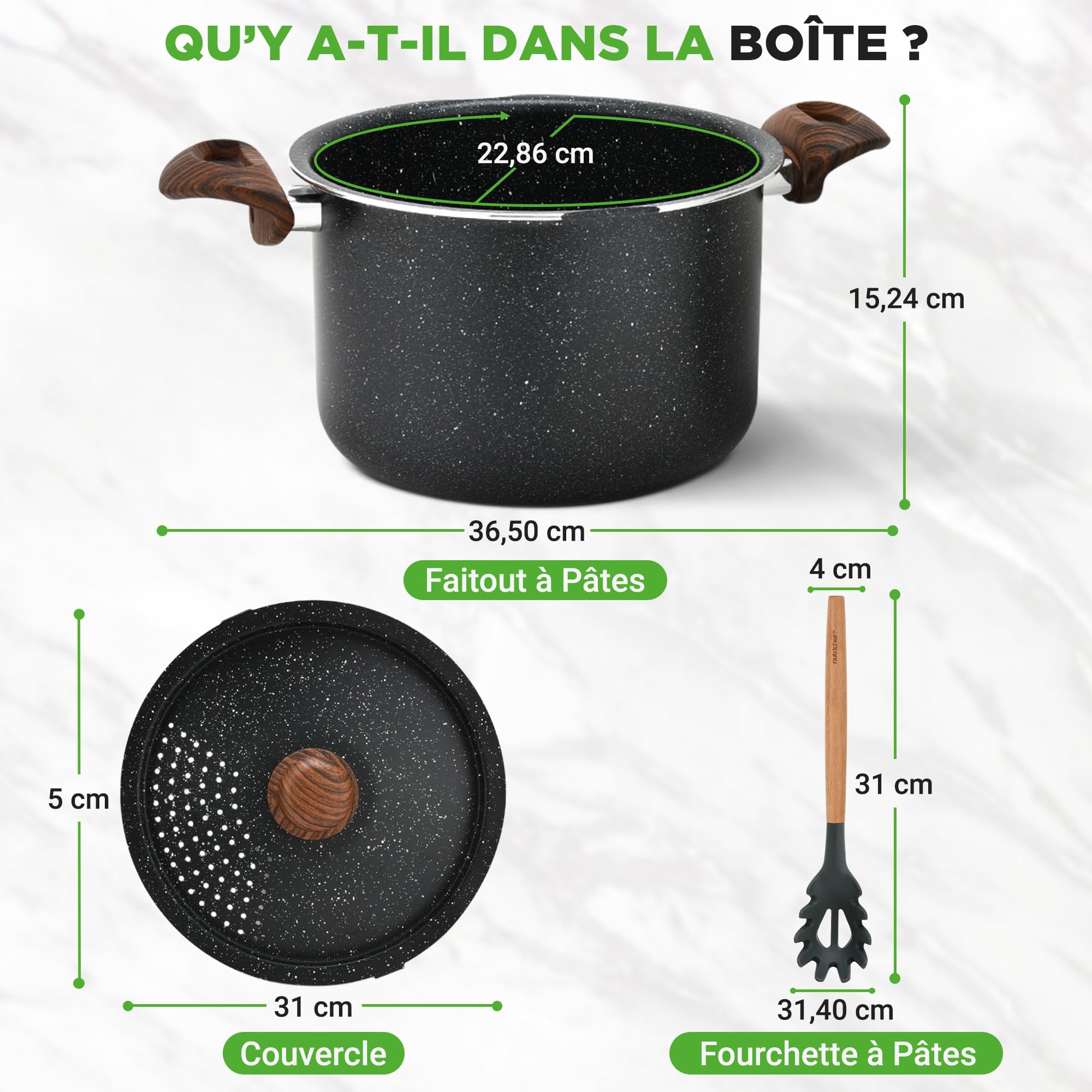 NutriChef Cuiseur à Pâtes 4,7L – Casserole à Pâtes Faitout Antiadhésive avec Égouttoir Intégré et Couvercle Passoire, Poignées Froides, Ustensiles de Cuisine Tous Feux Induction, Noir Marbré