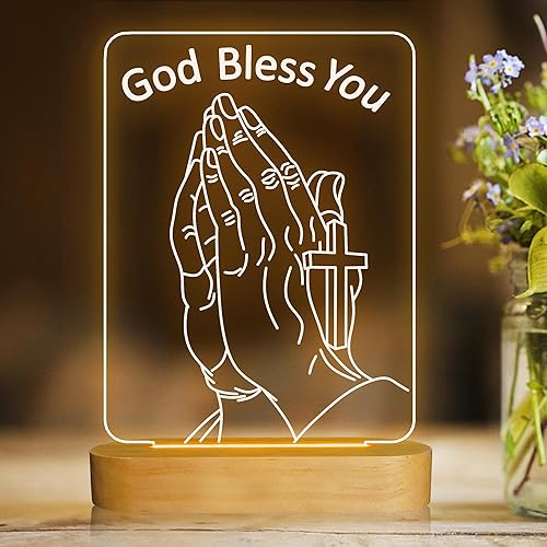 Attivolife God Bless You Night Light with Wood Base, Praying Blessed Cross Illusion Warm Lamp, Home Room Desk Decor for Women Birthday Church Sacred