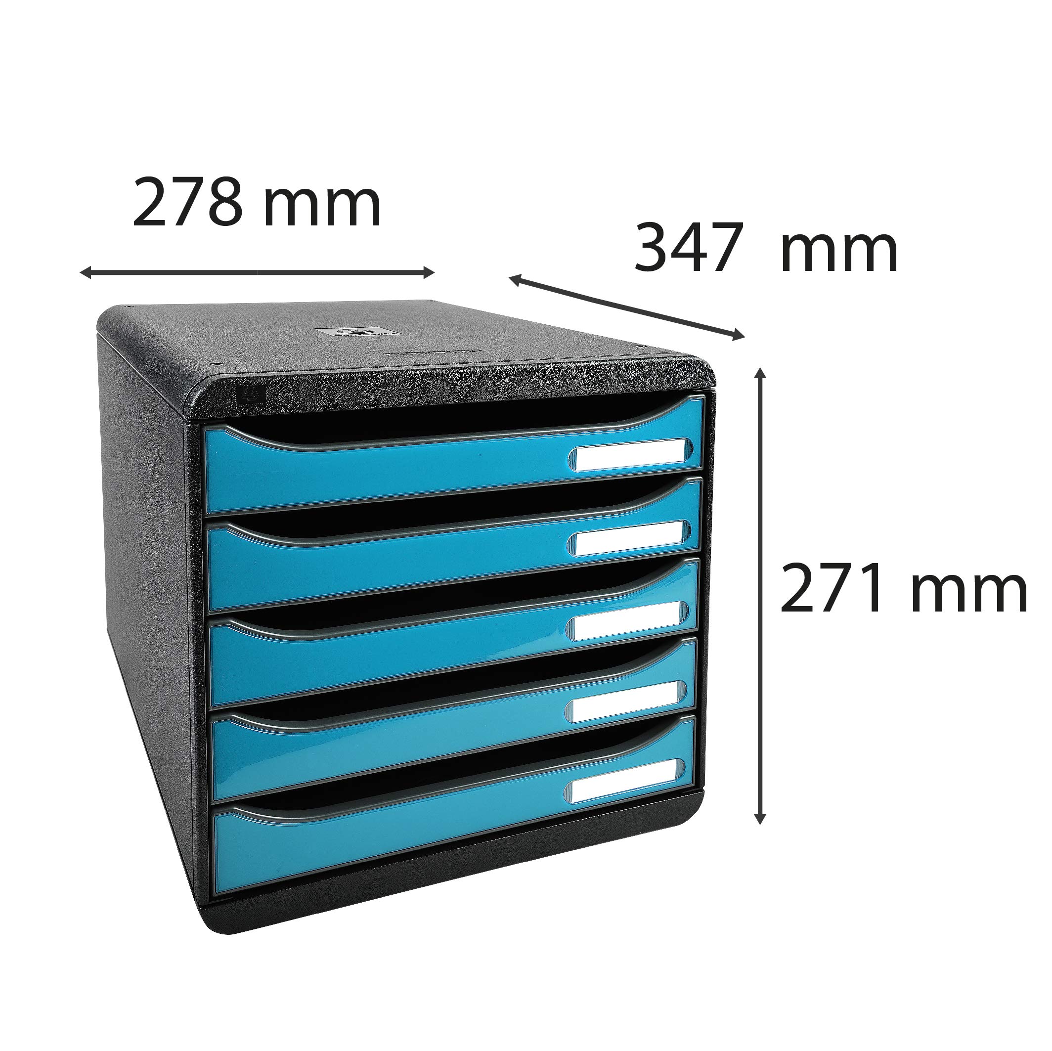 Exacompta 3097282D Premium Ablagebox mit 5 Schubladen für DIN A4+ Dokumente. Stapelbare Schubladenbox mit hoher Kapazität für mehr Platz auf dem Schreibtisch Big Box Iderama Schwarz|Türkis