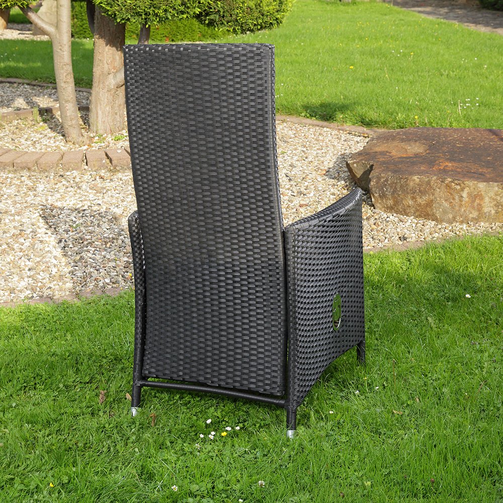 Melko Fotel relaksacyjny z polirattanu fotel ogrodowy, ok. 62 x 57 x 111 cm, regulowany, odporny na warunki atmosferyczne, w zestawie poduszka do siedzenia, czarny