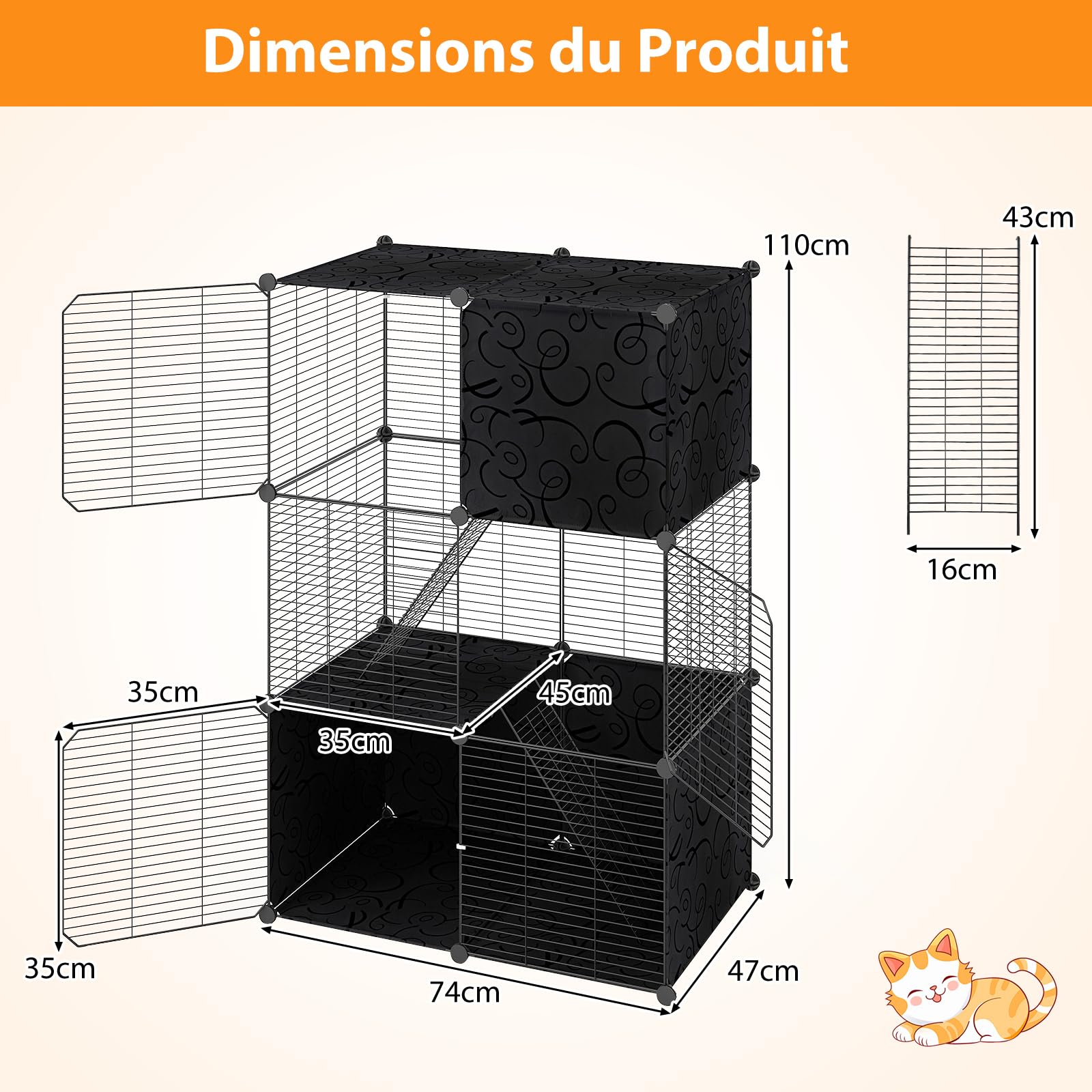 GYMAX Cage Métallique d'Intérieur pour Chat 3 Niveaux avec 2 Échelles 3 Portes