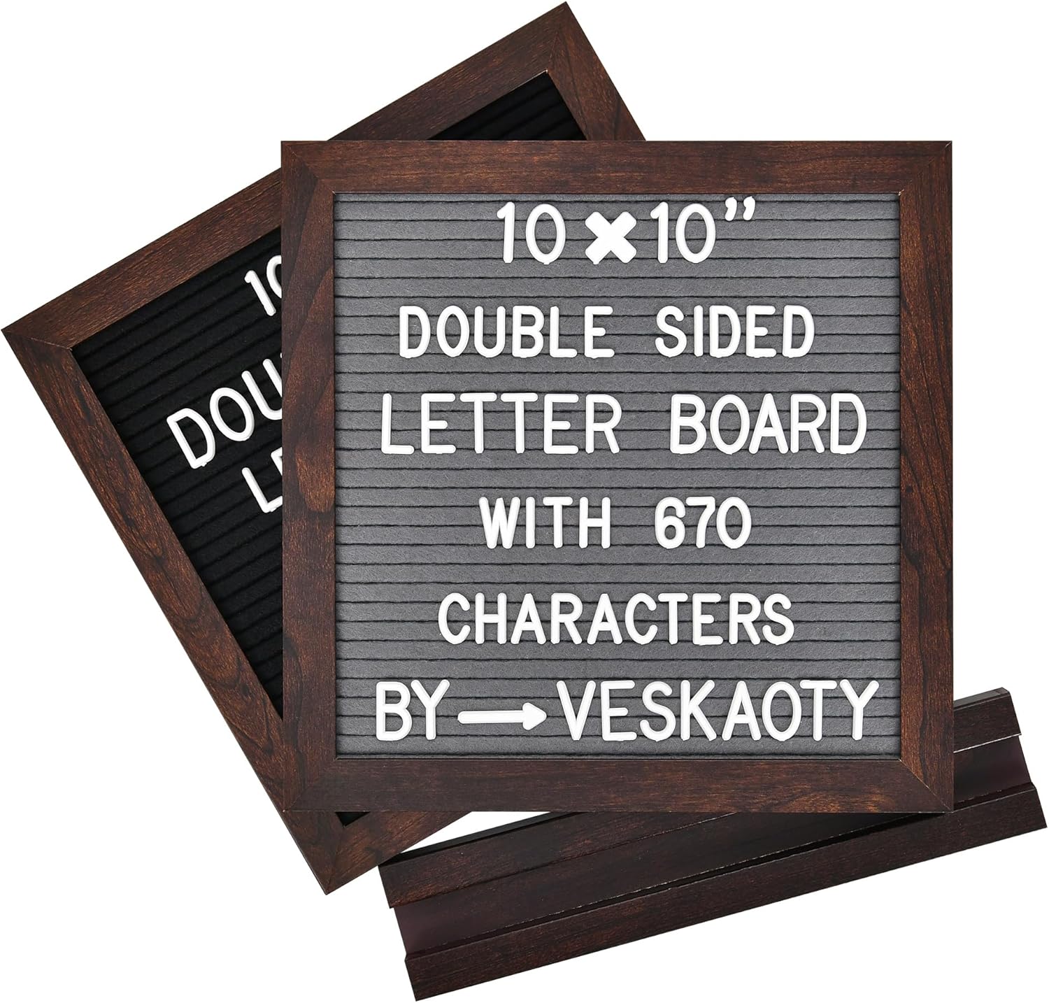 Double Sided Felt Letter Board with 670 Letters, Numbers & Symbols – 10 x 10 inch Changeable Message Board with Wooden Base (Black & Gray)