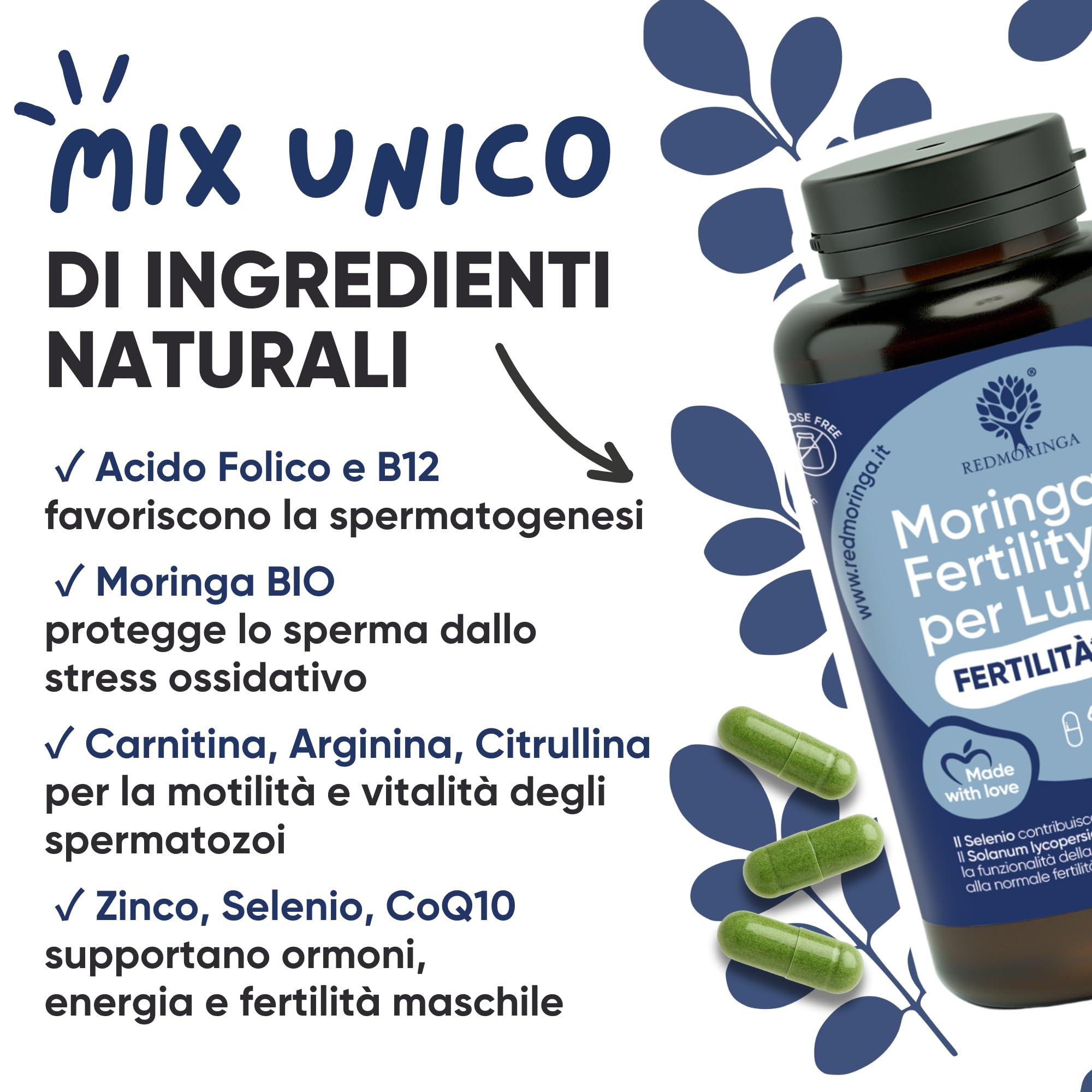 Integratore Fertilità Uomo - Moringa, Licopene Alta Concentrazione, Citrullina, Arginina, l Carnitina, Zinco, Selenio, Coenz Q10 - Supporta Motilità e Vitalità Spermatozoi - 180 Capsule RedMoringa