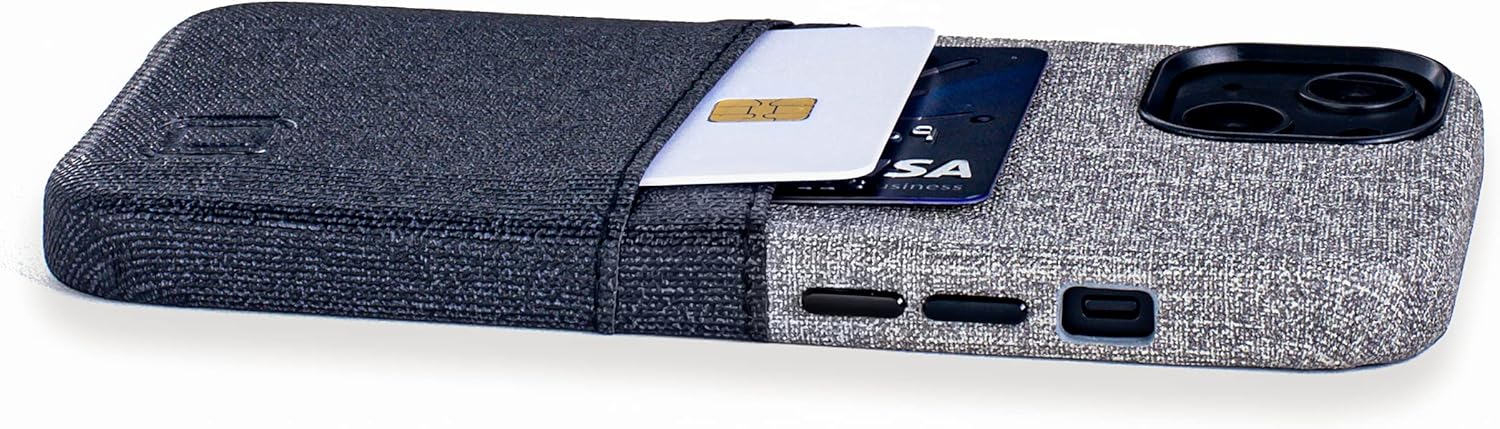 Dockem Wallet Case for iPhone 13 with Built-in Metal Plate for Magnetic Mounting & 2 Credit Card Holder Pockets: Luxe M2, Canvas Style Synthetic Leather (6.1" iPhone 13, Black and Grey)