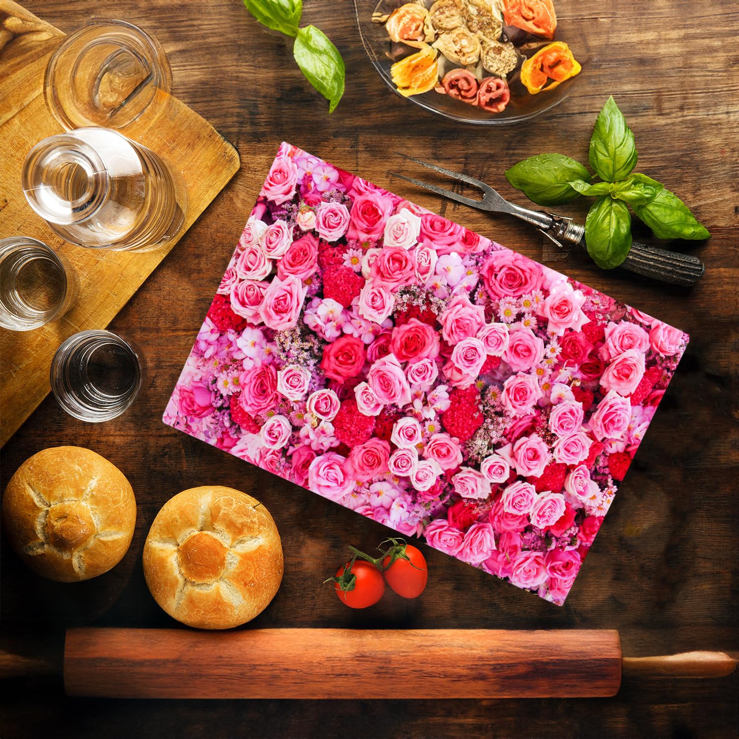 Pink Bouquet - Tabla de cortar de cristal para cocina, diseño de flores de rosas, ideal para San Valentín, Día de la Madre, regalo para ella (ramo rosa)
