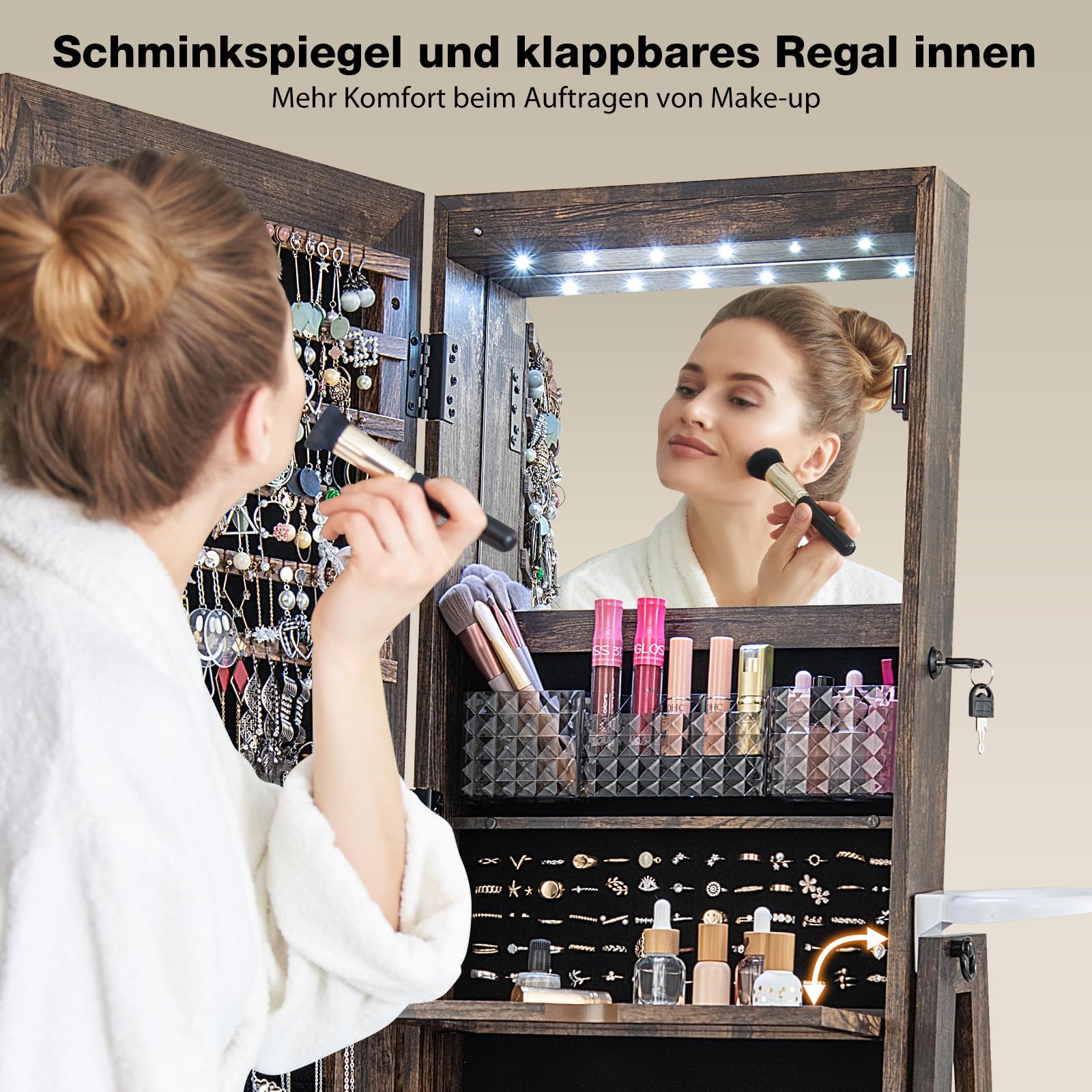 RELAX4LIFE Schmuckschrank 360° drehbar, 4-in-1 Spiegelschrank mit LED-Lichts & Schubladen & Regalen Schmuckaufbewahrung Ganzkörperspiegel, Schmuckständer abschließbar (Rustikales Braun)