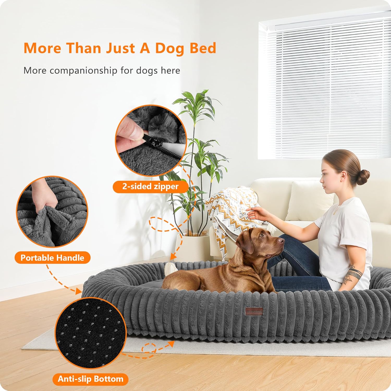 Human Dog Bed for Adult, Reversible Orthopedic Gel Memory Foam Cushion, Washable Corduroy Fleece, Plump Edge with Blanket, Storage Pocket, Strap, 71"x47.2"x9", Extra Large, Medium Grey