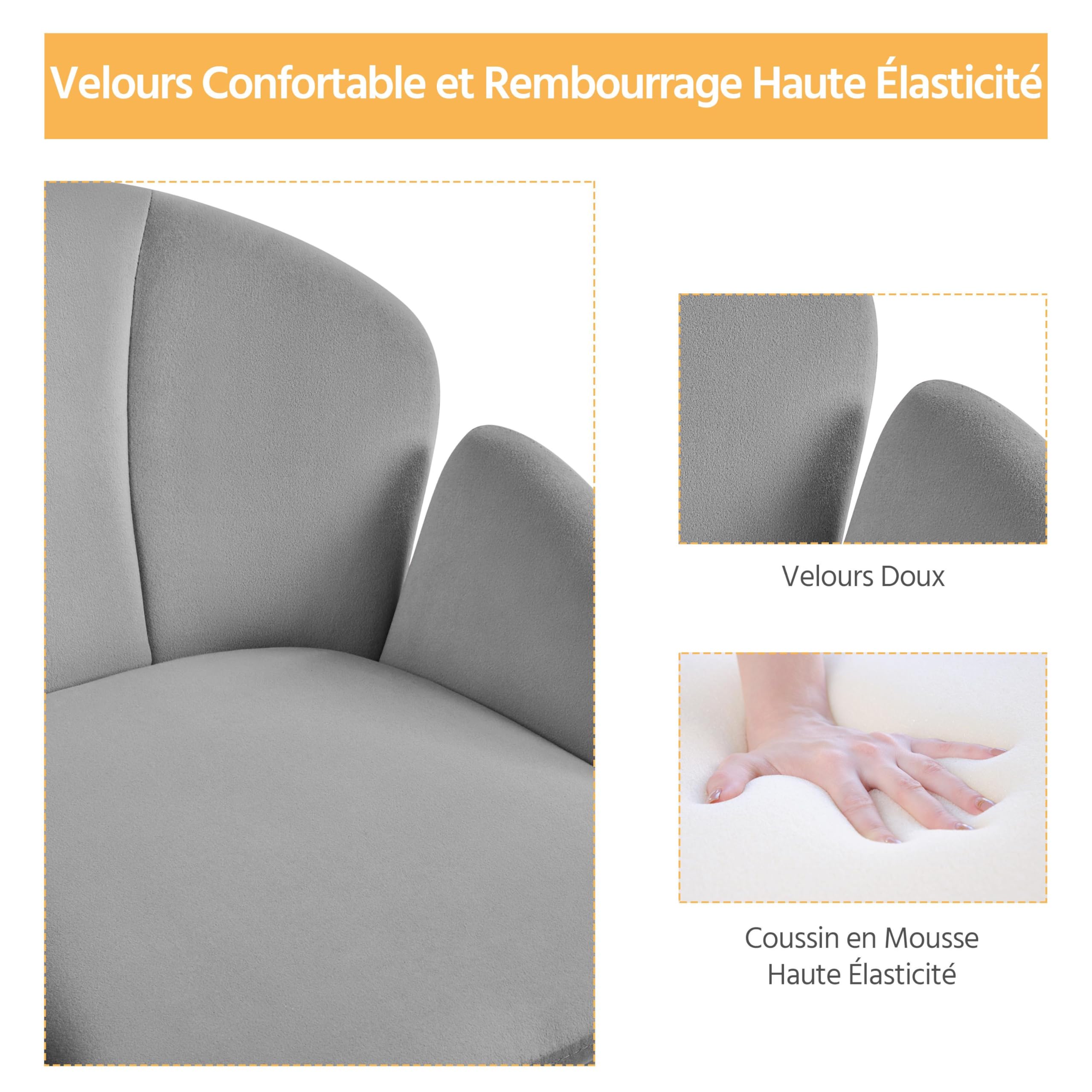 Yaheetech Sedia da ufficio Design Fiore Sedia da ufficio in Velluto Altezza regolabile con schienale arrotondato reclinabile per camera da letto, biblioteca, grigio chiaro