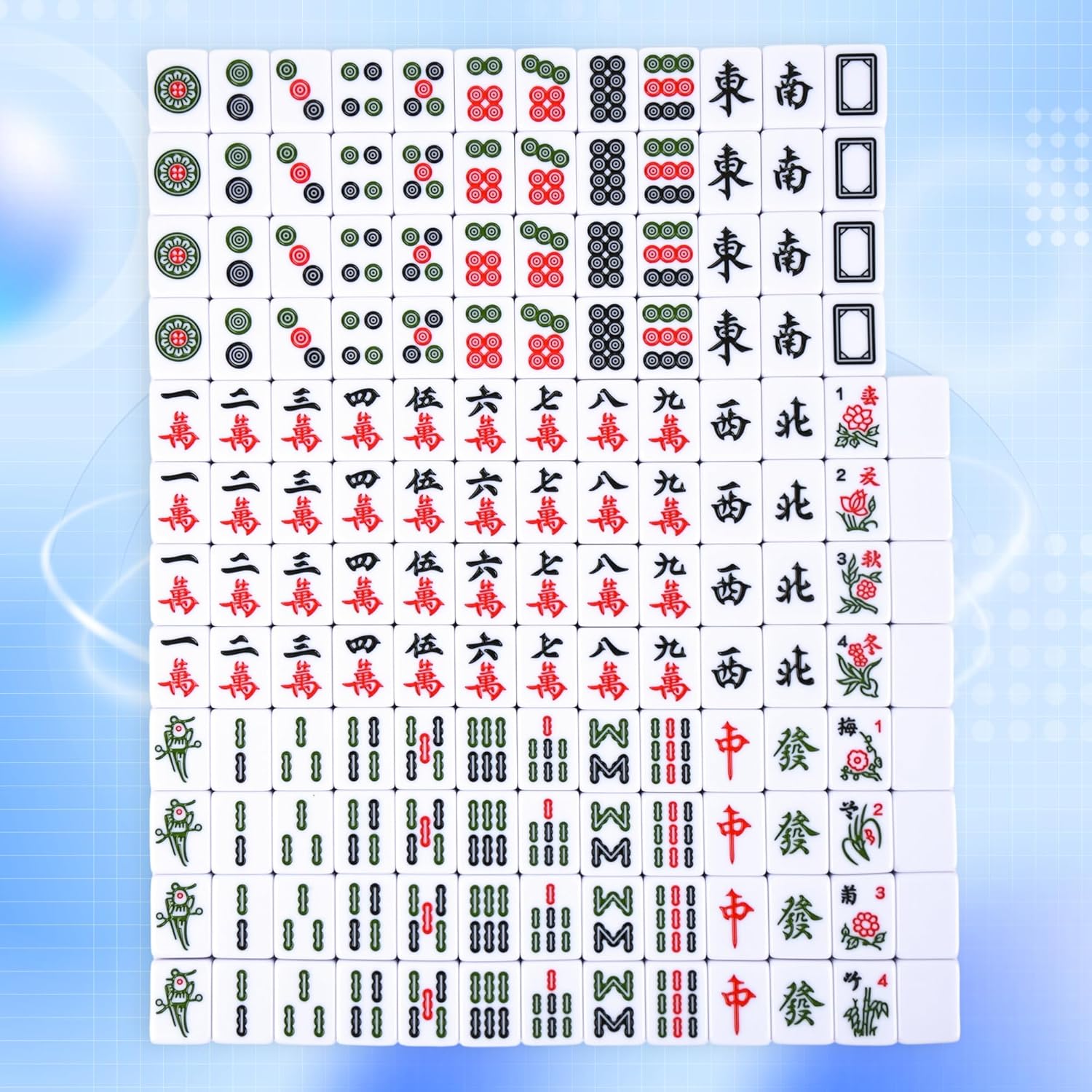 Chinese 1.25"(32MM) Small Royal Azure Mahjong Set with Blue Vinyl Case -152 Melamine Tiles (144 + 8 Blank), Including Dice,Wind indicator,Chips&Mahjong Mat (Majiang)-Collector's Edition for Game Night