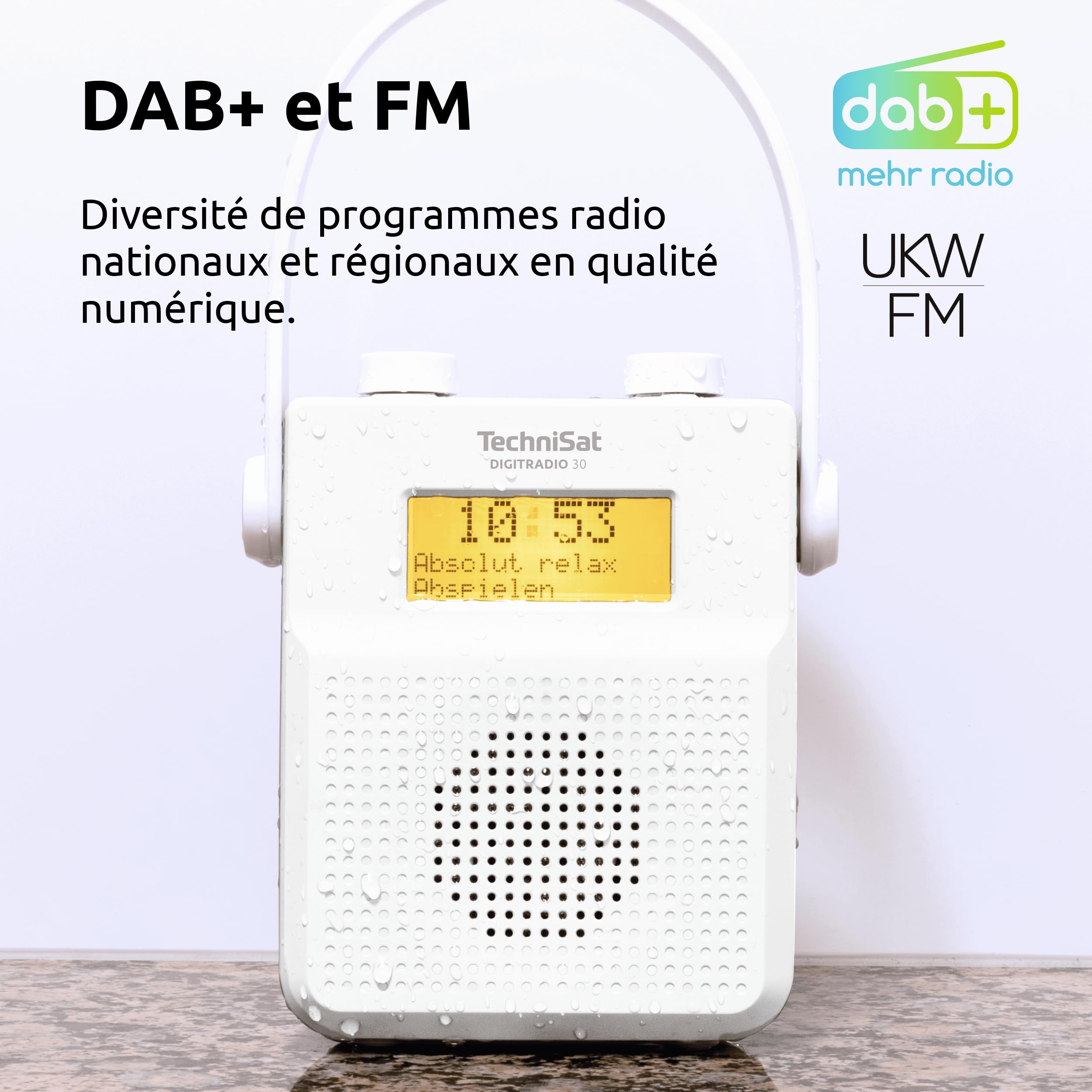 TechniSat DIGITRADIO 30 - Radio de Douche Dab+ étanche (FM, Radio numérique Dab, Batterie intégrée, Bluetooth, étanche IPX5, réveil, mémoire favoris, Prise Casque) Blanc