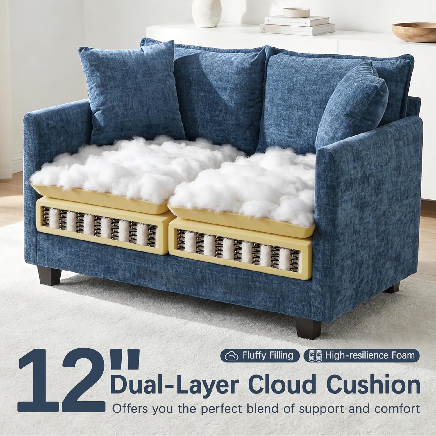 Loveseat Sofa with Ottoman, 52'' Modern Cloud Sofa Couch with 27" Deep Seat & 2 Pillows, Comfy Chenille Small Couch for Small Spaces, Apartment, Studio, Bedroom, Living Room (Blue, Loveseat + Ottoman)