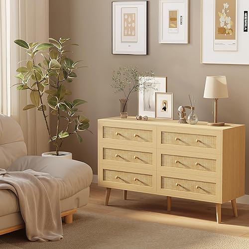 Miniatura 7 de Cómoda para Dormitorio con 6 Cajones, Cómoda Natural de Ratán, Cómoda Doble de Madera Ancha, Mueble de Almacenamiento de TV de Madera, Organizador