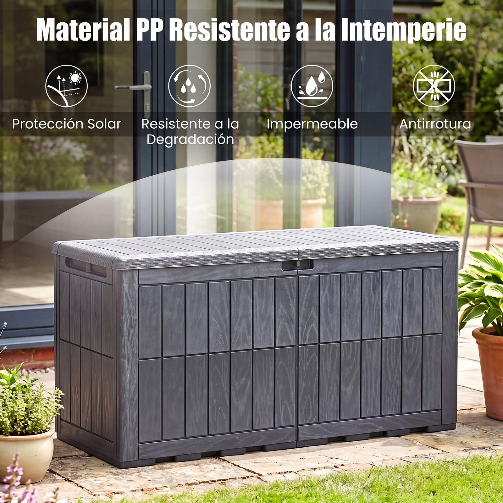 COSTWAY Arcón Exterior Capacidad 380/455/680 L, Baúl Almacenaje con Tapa, Asas Laterales y Diseño Bloqueable, Banco y Mueble de Jardín para Herramientas y Artículos (Gris,132x61x65 cm)