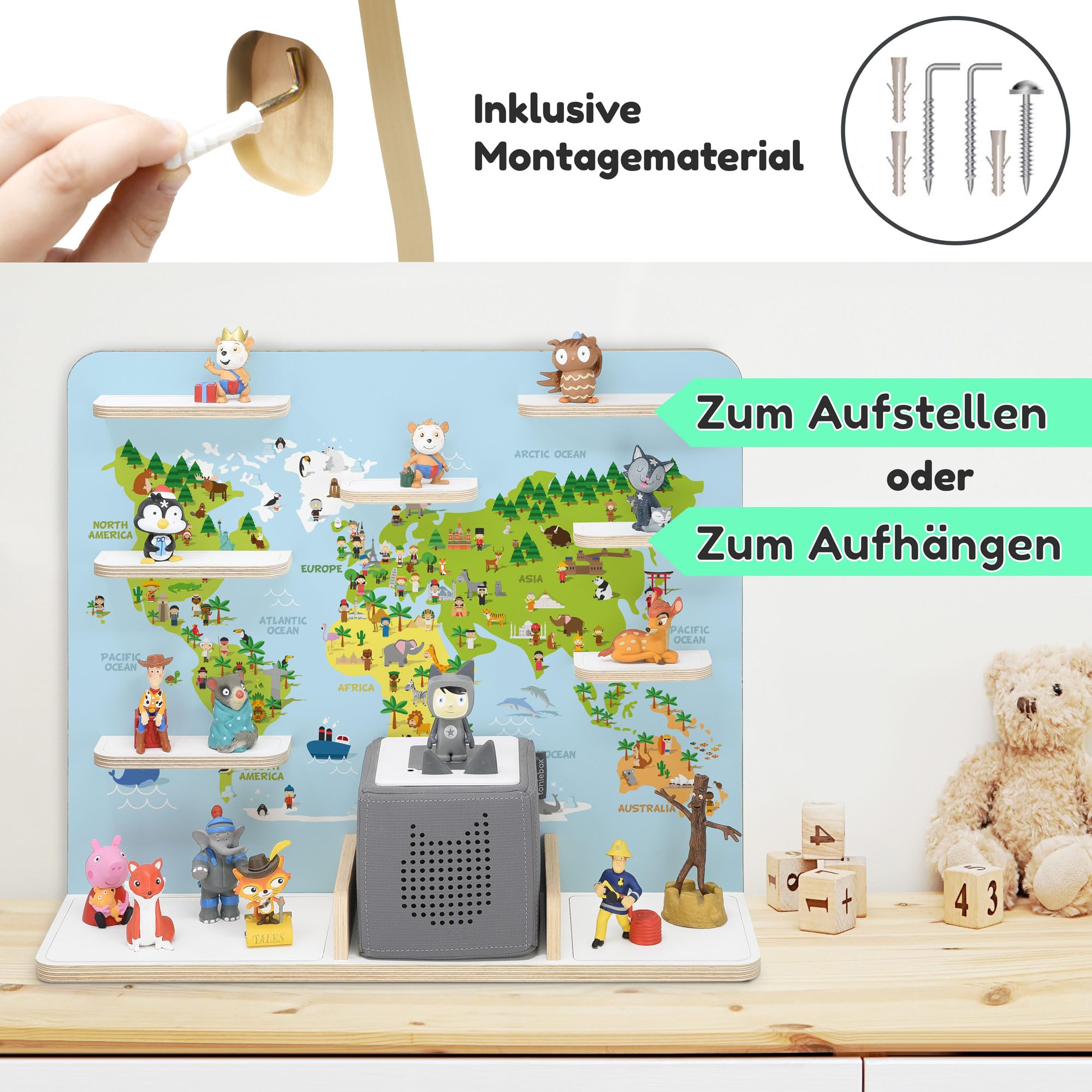stadtecken Estantería de madera para caja de música I Adecuado para la caja Toniebox y aprox. 50 Tonies I Almacenamiento Tonie perfecto en la habitación de los niños I Para colocar de pie o colgar I