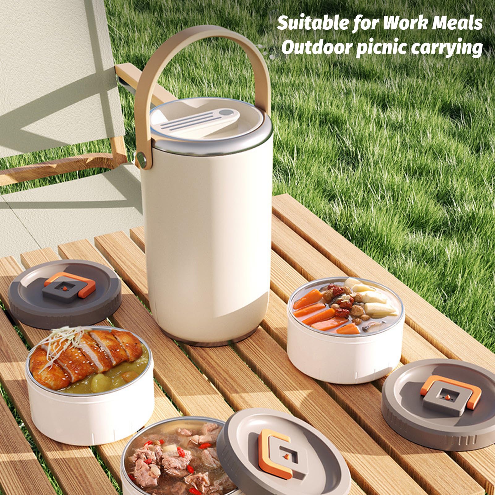 Tarro de comida aislado al vacío de acero inoxidable de 2,6 l con asa, lonchera aislada apilable de 3 niveles, apto para microondas a prueba de fugas para oficina y camping (Blanca)