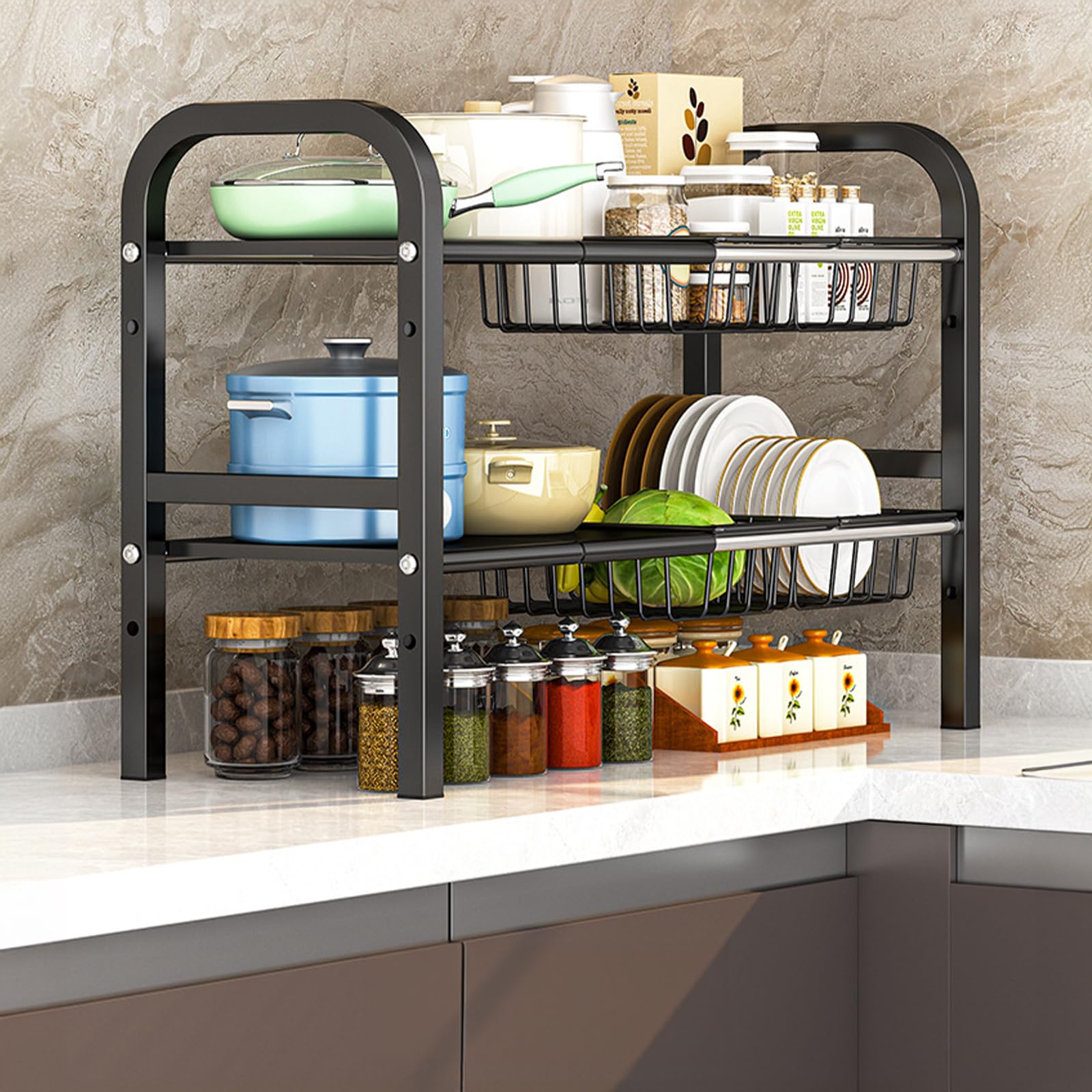 Scaffale multiuso in metallo a 2 ripiani espandibile sottolavello con 5 pannelli rimovibili e cesti, soluzione per cucina e bagno