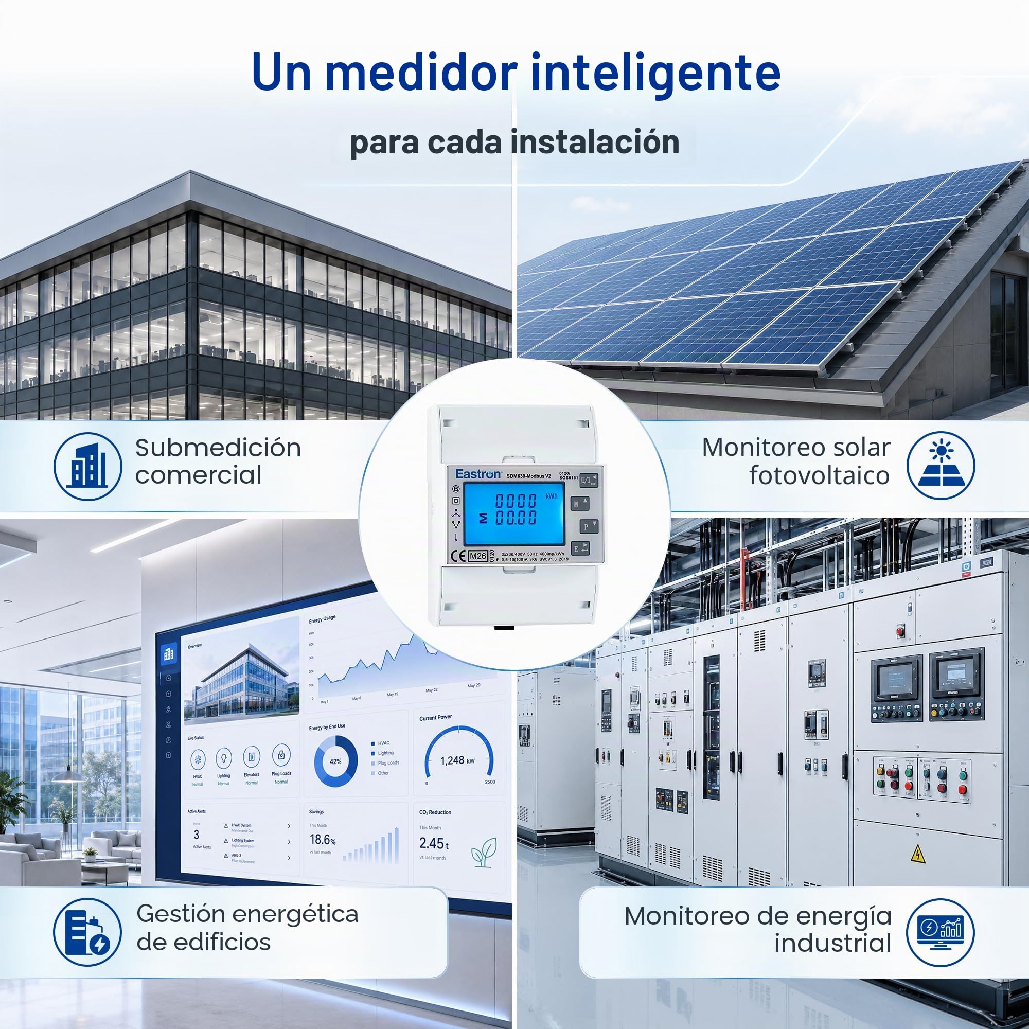 SDM630 Modbus Trifásica, Medidor de Energía Eléctrica,100 Amp kWh DIN-Rail Power Meter, Pulsmeter Modbus RS485 RTU. Pantalla táctil LCD digital con retroiluminación. Certificado MID/calibrado