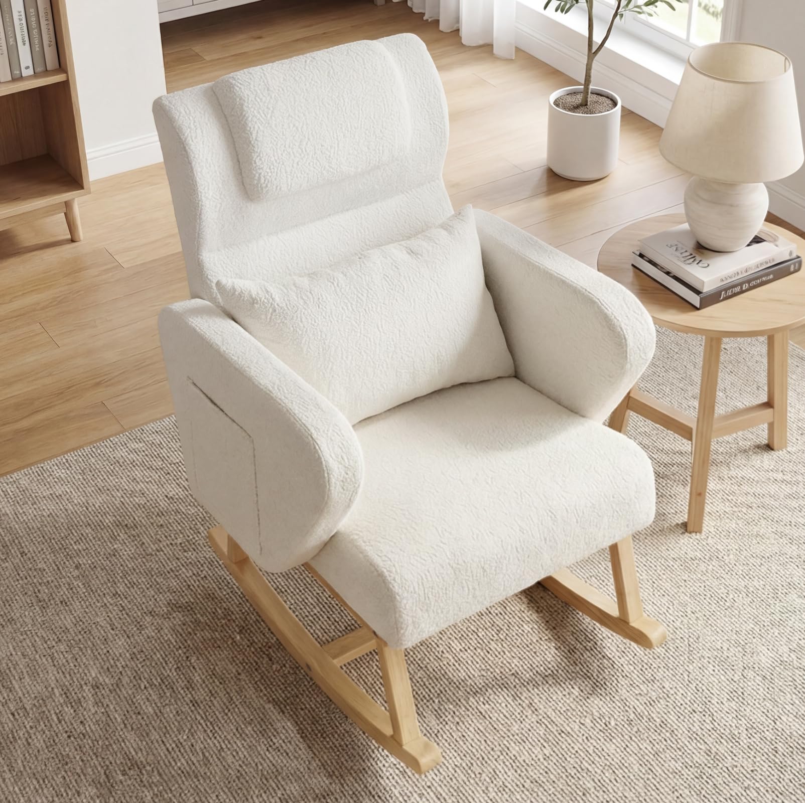 Fauteuil à Bascule avec Pieds en Bois Massif Rocking Chair avec Accoudoirs, Fauteuil Allaitement, Jusqu'à 136 kg, Fauteuil Relax de Lecture Confortable pour Salon Chambre à Coucher