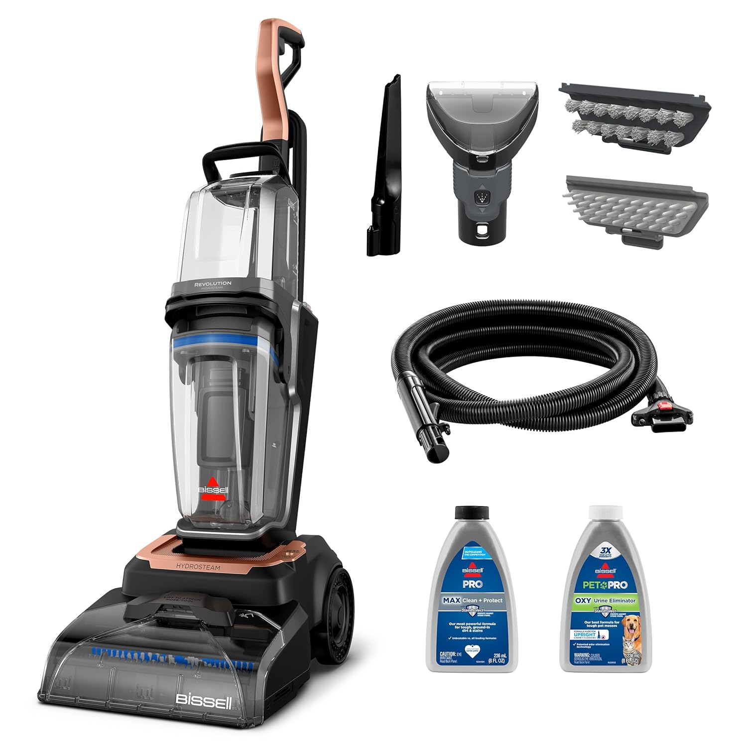 BISSELL Revolution HydroSteam Carpet Cleaner Upright Deep Cleaner HydroSteam Technology 4-inch Self-Cleaning Tough Stain Tool Formulas Included 4123