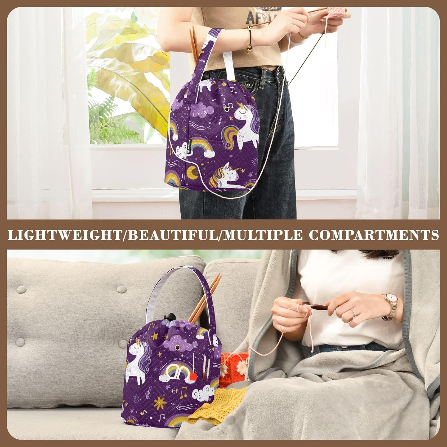 Tatenale Crochet Bag Yarn Bag Knitting Project Bag with Pockets and Handle Portable Yarn Storage Organizer Tangle Free 8.3x11 Inch Dark Purple Unicorn Moon Cloud Rainbow