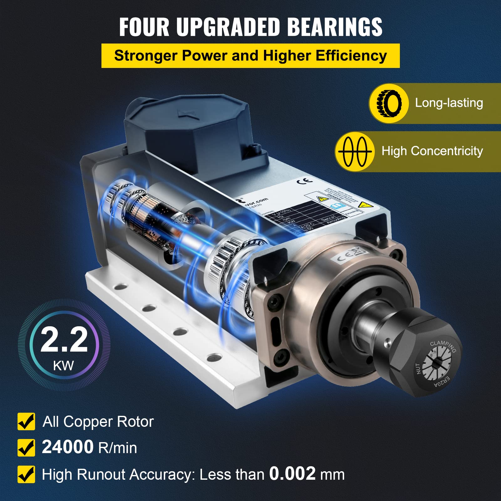 VEVOR Moteur de Broche Refroidi par Air Carré 2,2 kW Moteur Broche CNC 220 V Spindle Moteur Pince ER20 Moteur de Fraisage Refroidi par Air Moteur de Broche de Haute Vitesse Roulements en Céramique