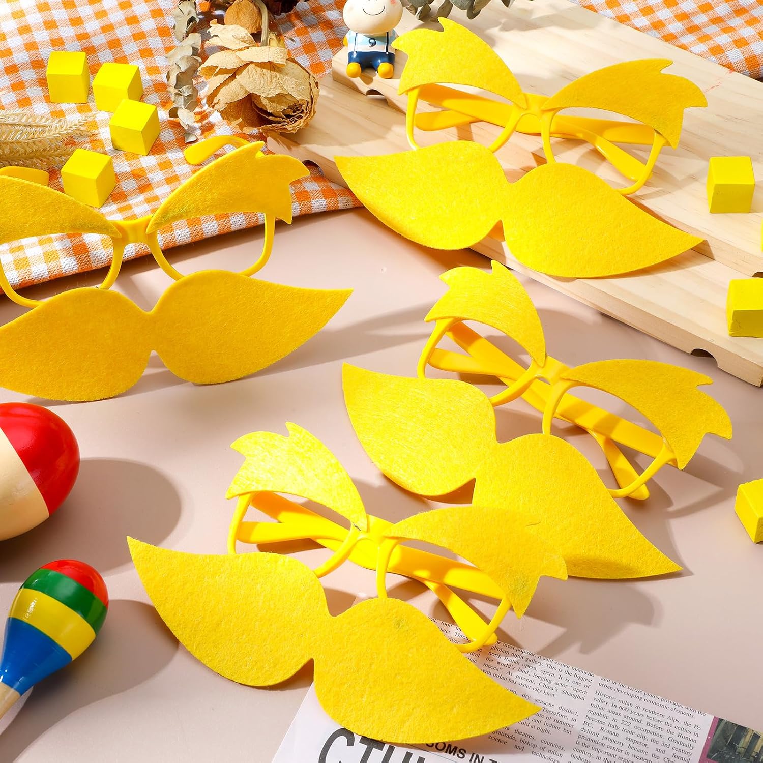 Foilswirl Yellow Glasses with Mustache and Eyebrows Set, Funny Disguise Fake Mustache Glasses Halloween Cosplay Accessories Party Supplies Favors Gift for Adults Girls Boys