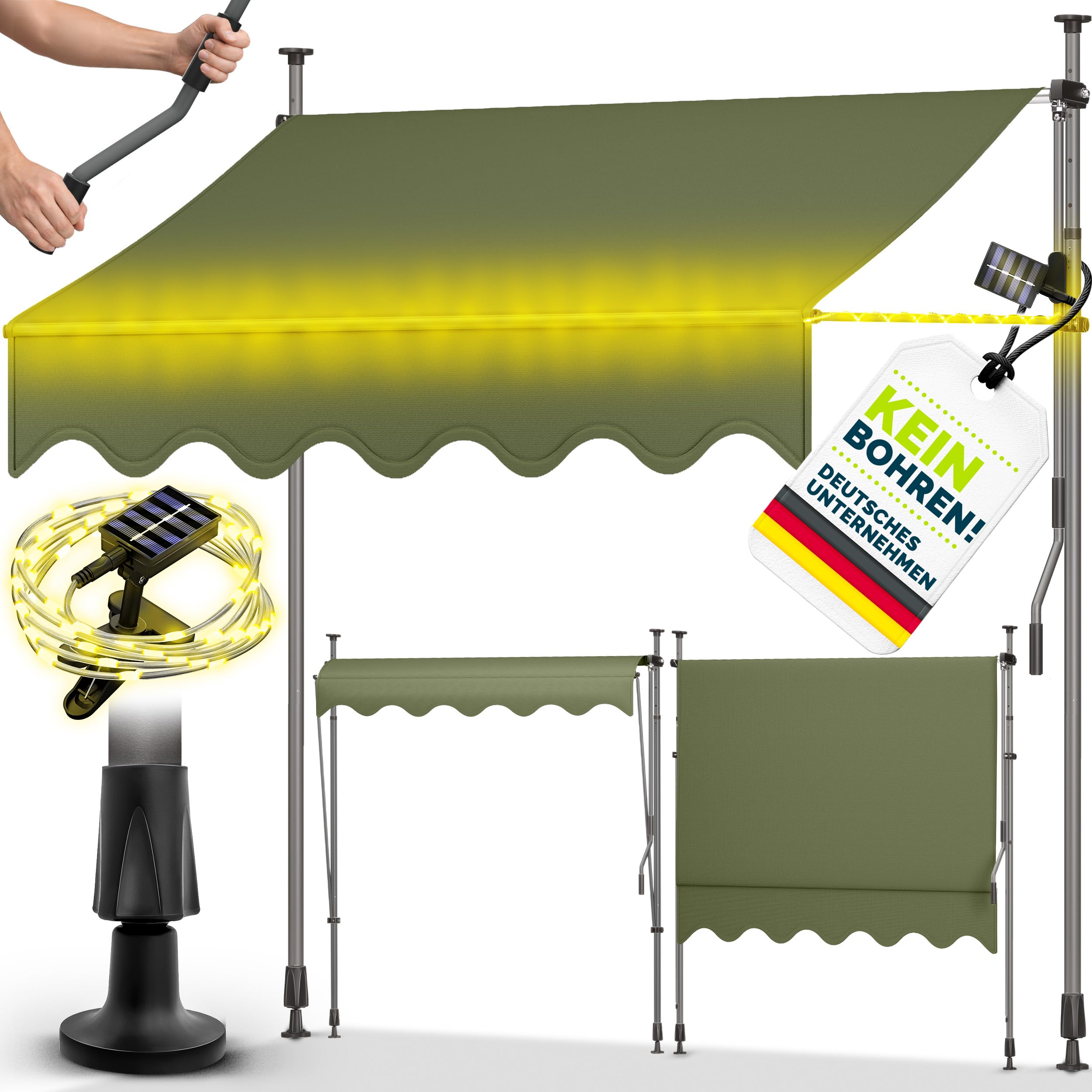 tillvex Klemmmarkise mit Handkurbel & LED Lichterkette Balkon | Balkonmarkise ohne Bohren | Markise UV-beständig & höhenverstellbar | Sonnenschutz Terrasse & Garten wasserdicht (Armeegrün, 350cm)
