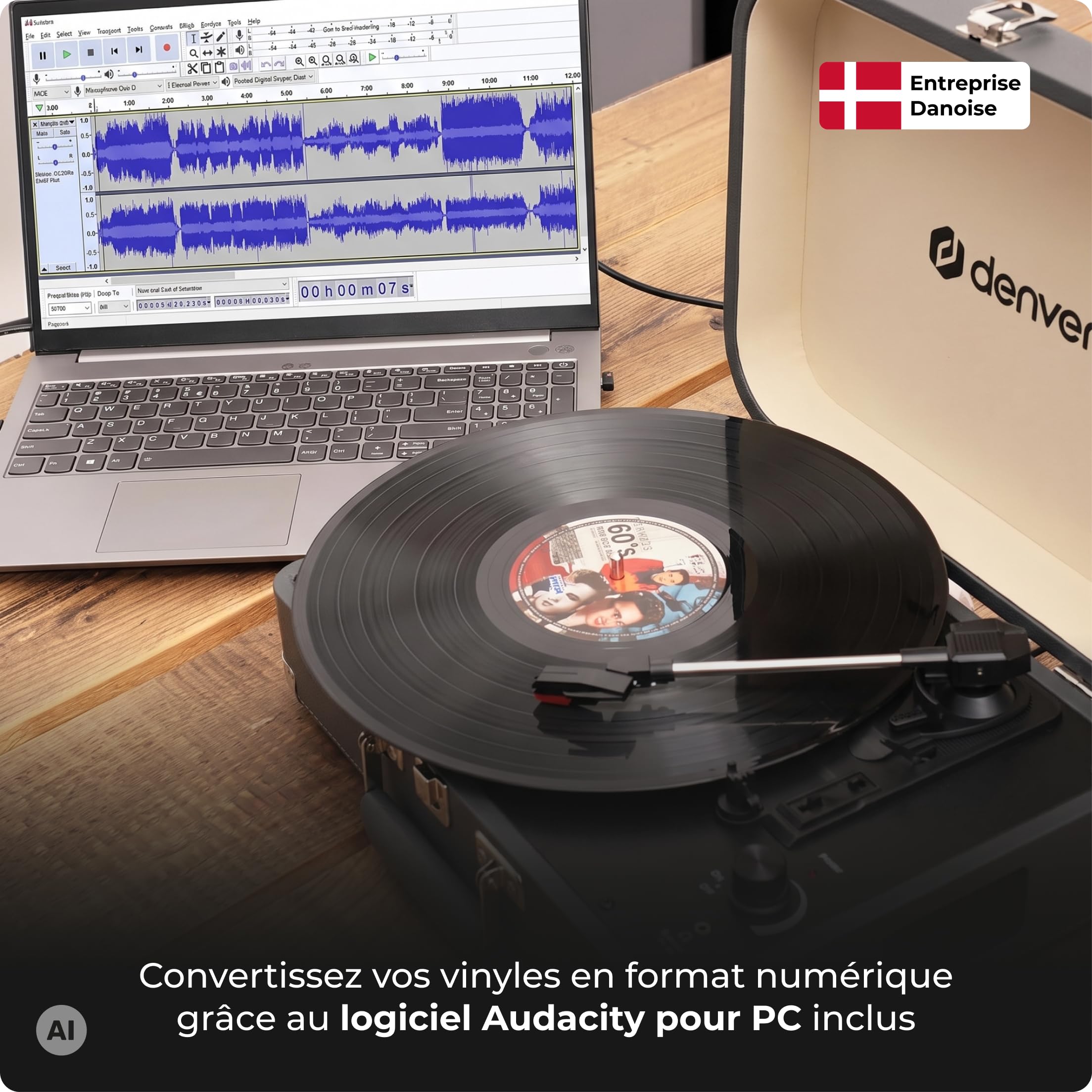 Denver VPL-130DGR Platine Vinyle Valise, Enregistrement USB vers PC, Haut-parleurs intégrés, Sortie RCA, Gris foncé