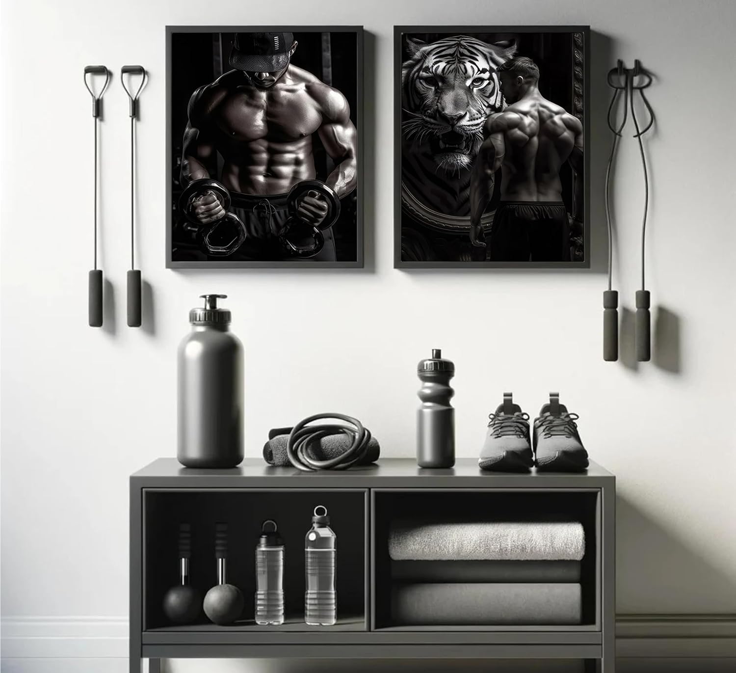 2Pcs Black and White Gym Workouts Wall Art Motivational Man Cave Tiger Home Gym Painting Picture Wall Decor Muscle Bodybuilding Poster Print Artwork for Office Living Room Bedroom Home Decoration