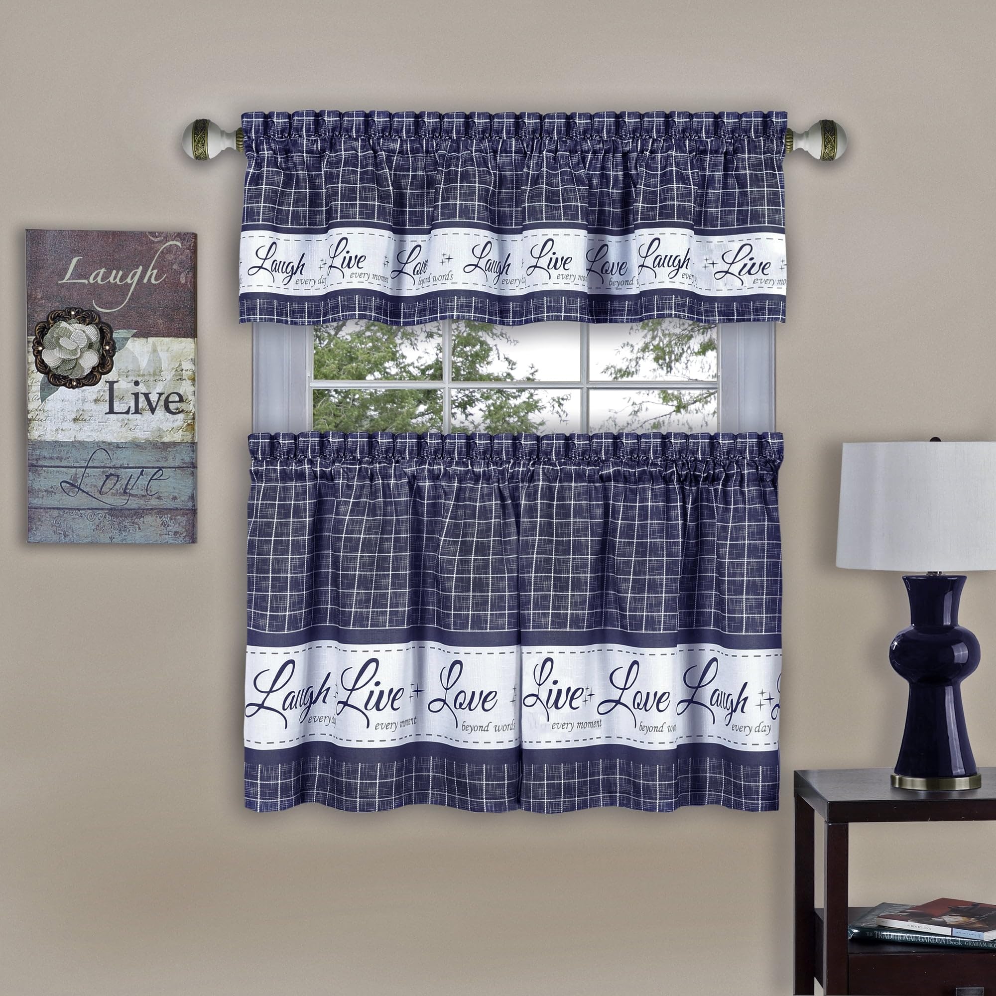 Achim 58 x 24 in. Live Love Laugh Window Curtain Tier Pair & Valance Set Navy