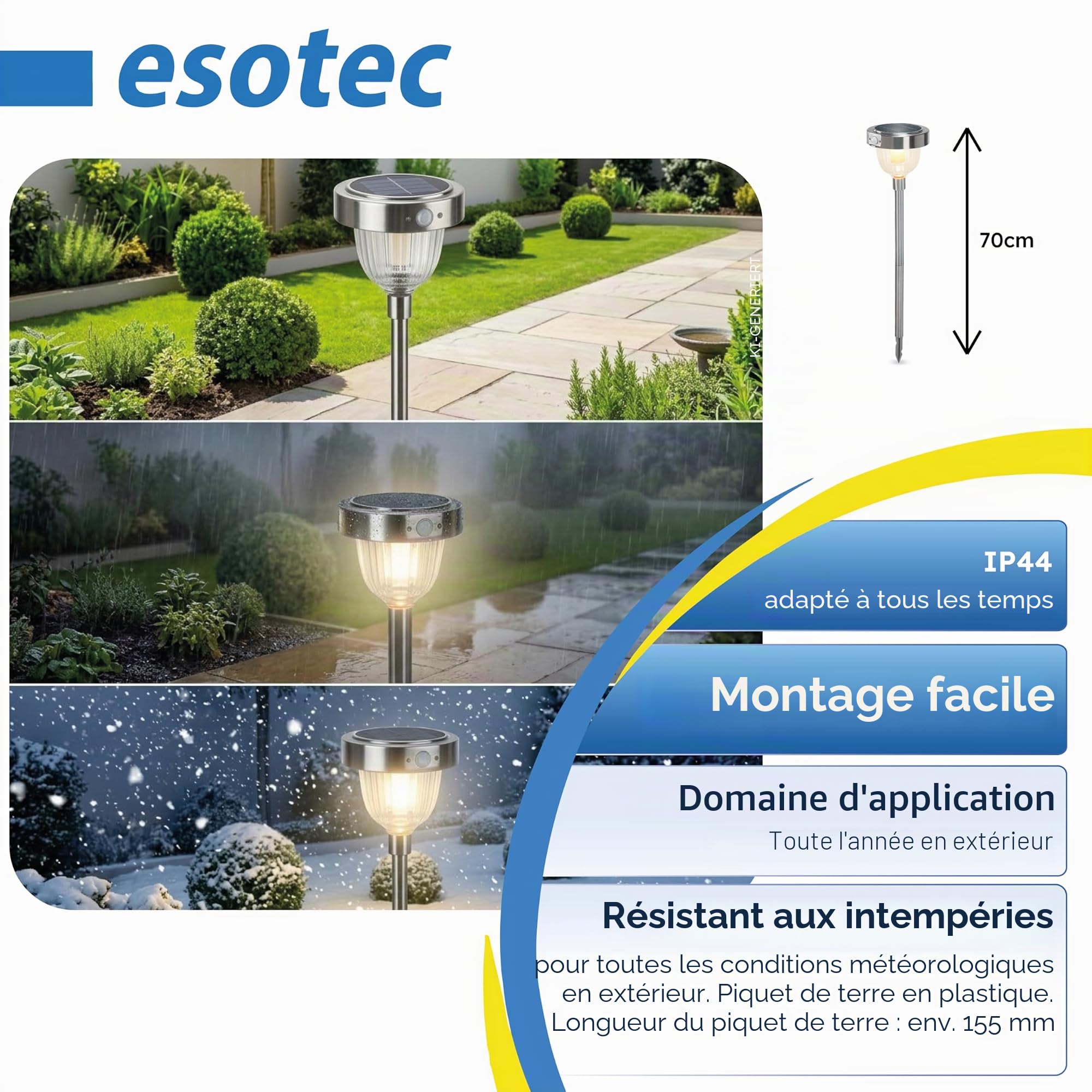 Esotec Lampe solaire PIR Asinara Pro, Duo Color, détecteur de mouvement, batterie, éclairage extérieur LED, éclairage de chemin, métal, extérieur, argent, H = 70 cm, 102530