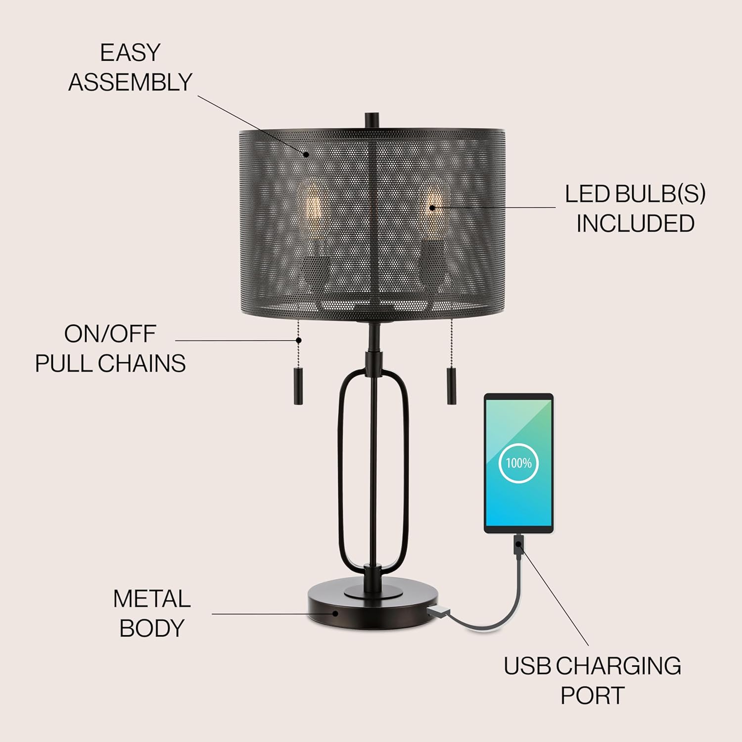 JONATHAN Y 27" Oil Rubbed Bronze 2-Light Industrial Farmhouse Iron LED Table Lamp with USB Charging Port, Metal Mesh Drum Shade, Dual Pull Chains, LED Bulbs Included JYL1111A