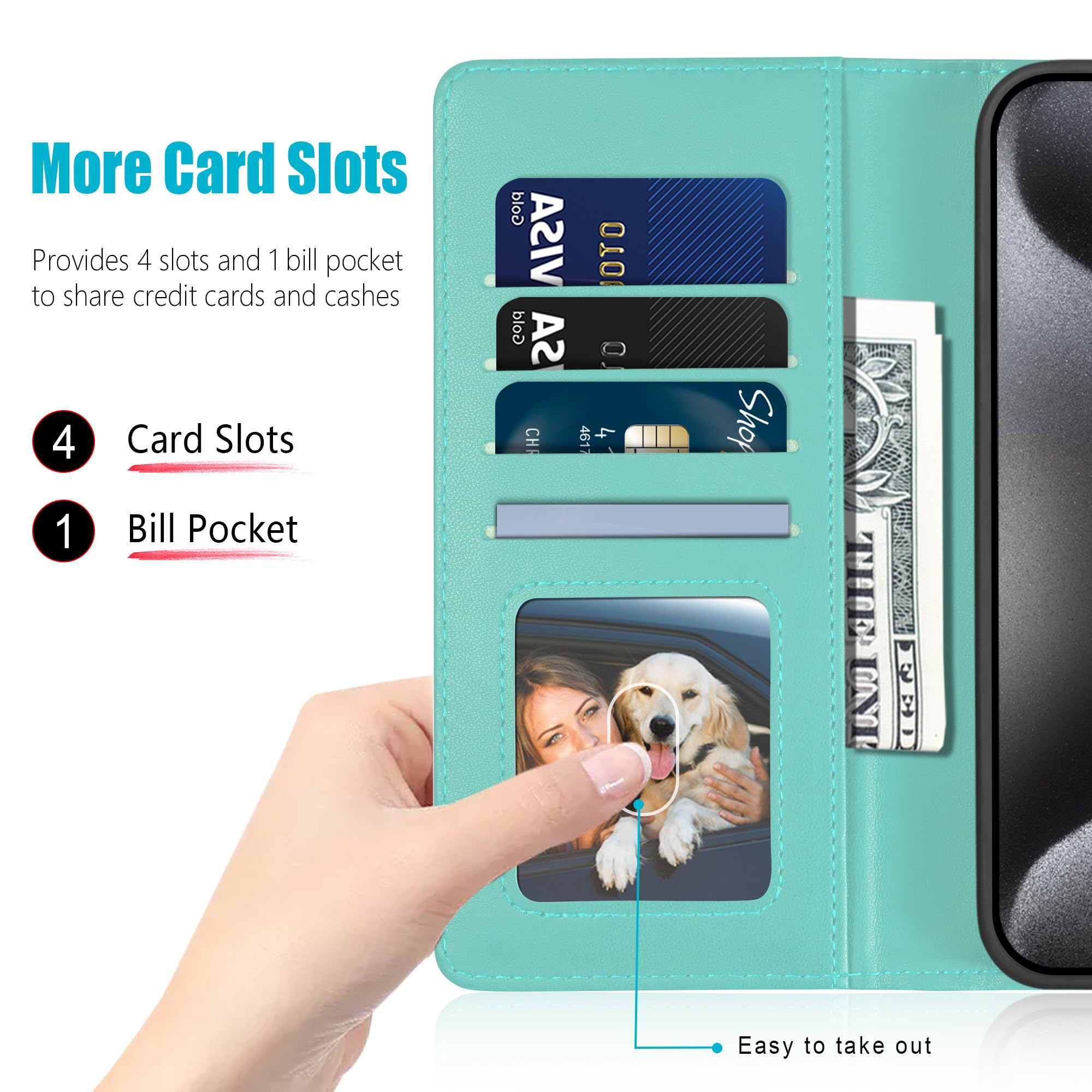 Kuafcase Compatible for iPhone 15 Pro Case with 4 Card Slots Magnetic Closure Kickstand Shockproof Protective Phone Case Compatible for iPhone 15 Pro - Image 2