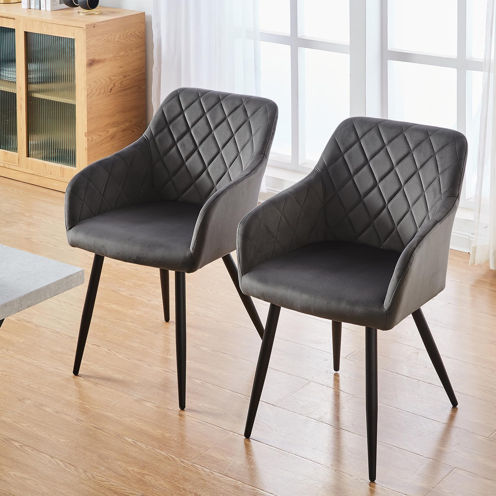 TUKAILAI Esszimmerstühle 4er Set aus Samt, Küchenstuhl Polsterstuhl Wohnzimmerstuhl Sessel mit Armlehnen Rückenlehne Metallbeinen, für Küche Esszimmer Wohnzimmer Lounge,Grau