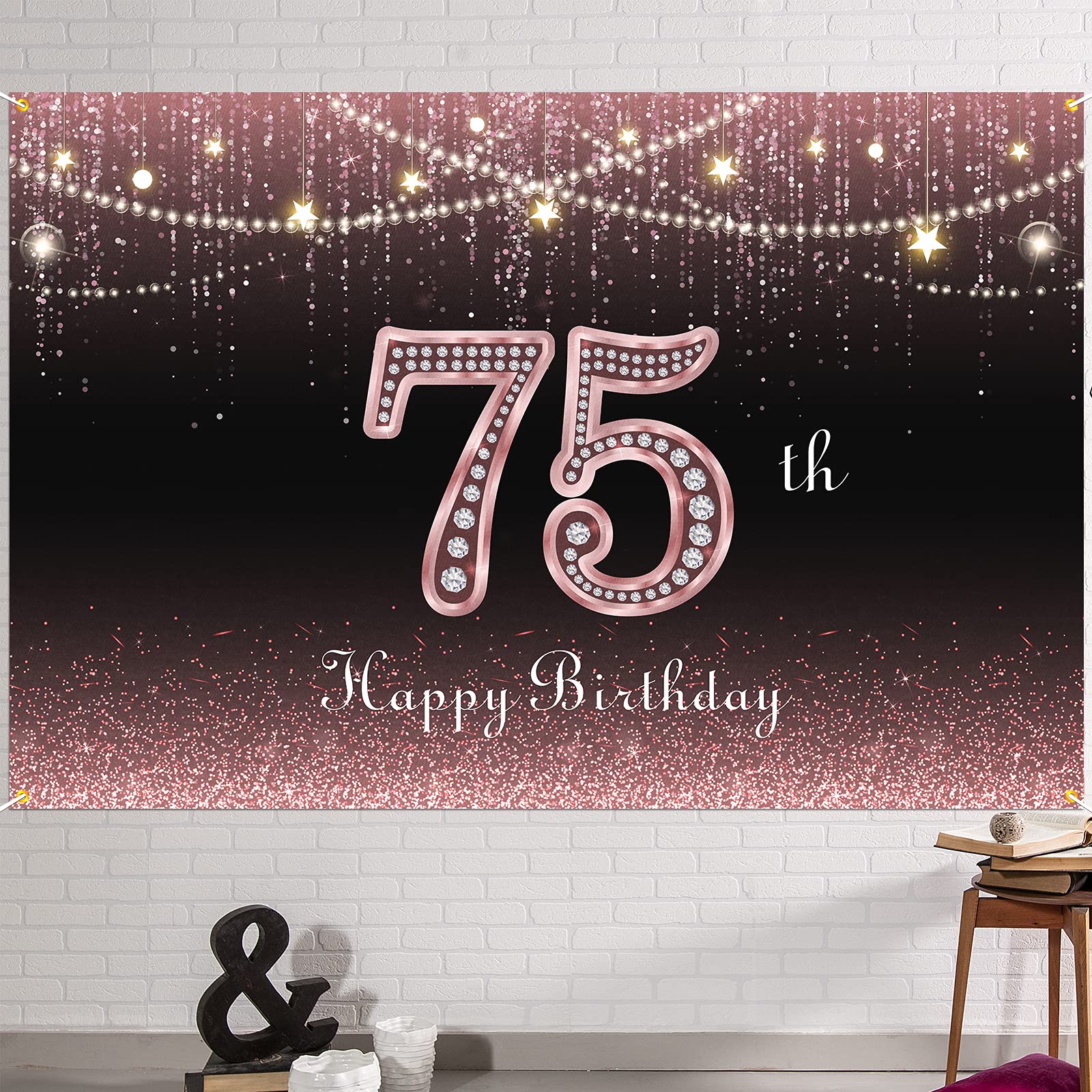 HAMIGAR Baner "Happy 75th Birthday", tło dla 75 lat, dekoracje urodzinowe, artykuły imprezowe dla kobiet, 1,8 x 1,2 m, różowe złoto