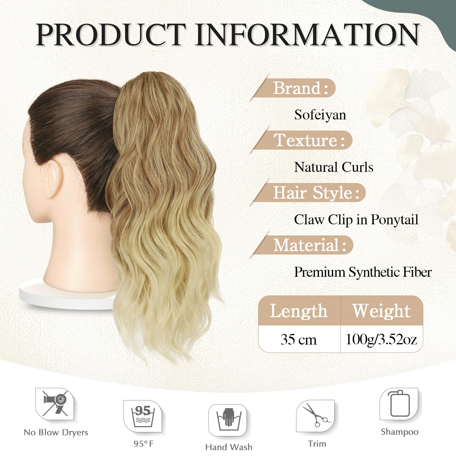 Sofeiyan Court Ondulée Extension de Queue De Cheval Pince 35cm Queue de Cheval Extension Synthétiques Postiche Pince à Griffe Bouclés Cheveux Queue De Cheval d'Aspect Naturel pour Femme,Blond