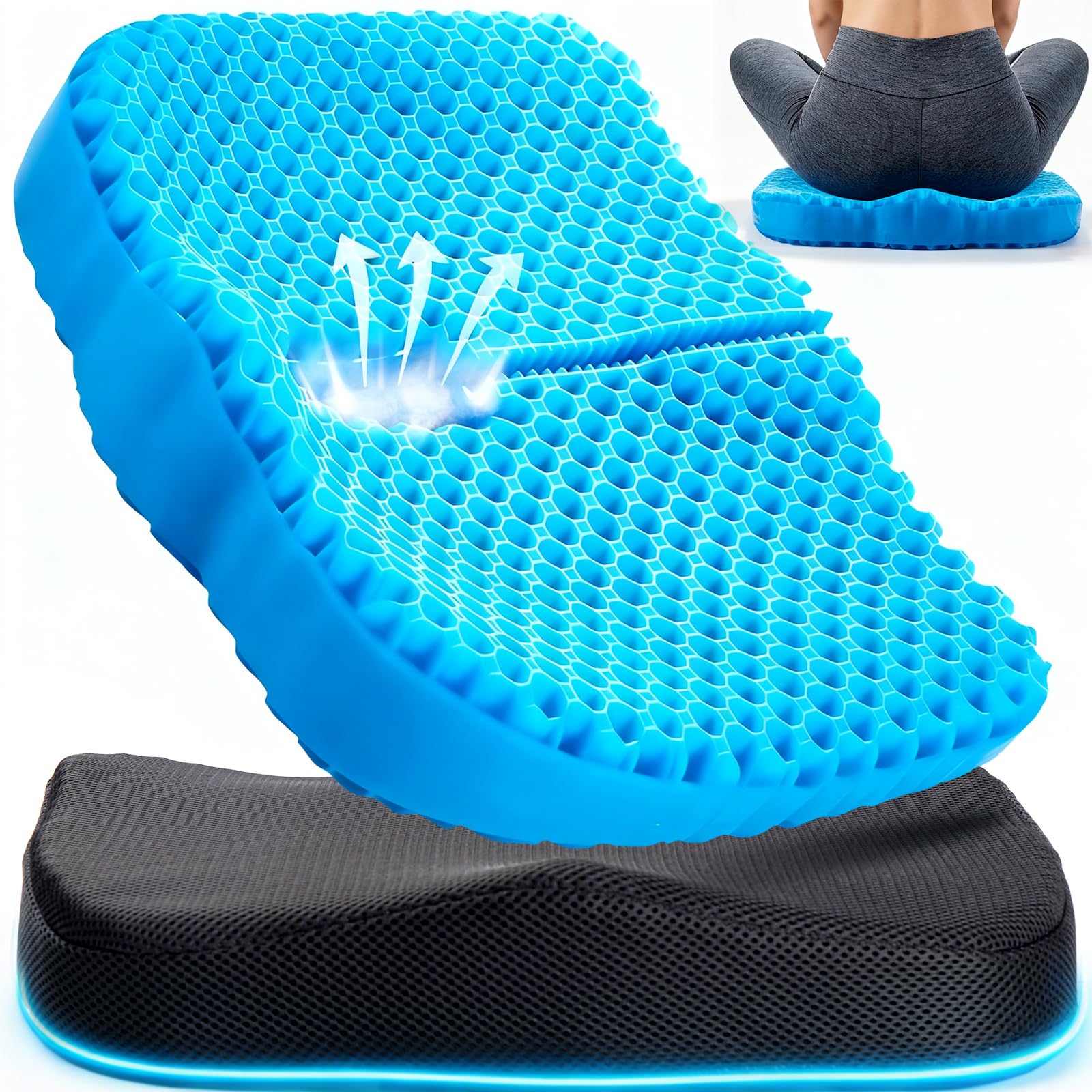 Gel Seat Cushion for Long Sitting, Gel Cushion for Pressure Relief, Soft & Breathable, Chair Cushion for Office Chair, Car, Wheelchair, Seat Cushion with Non-Slip Black Cover